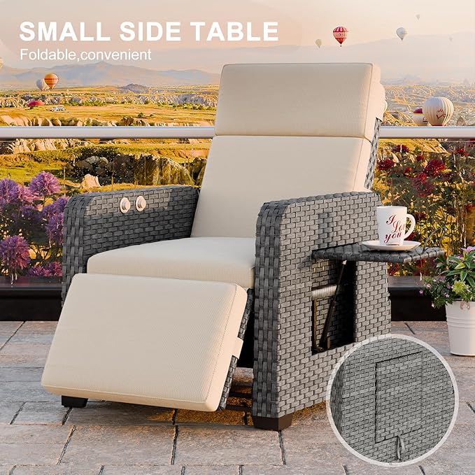 Restland Outdoor Recliner with Independent Adjustable Back & Footrest Wicker Patio Reclining Chair with Flip Table Comfortable Lounge Chair & Thick Cushion for Deck, Porch (Beige)