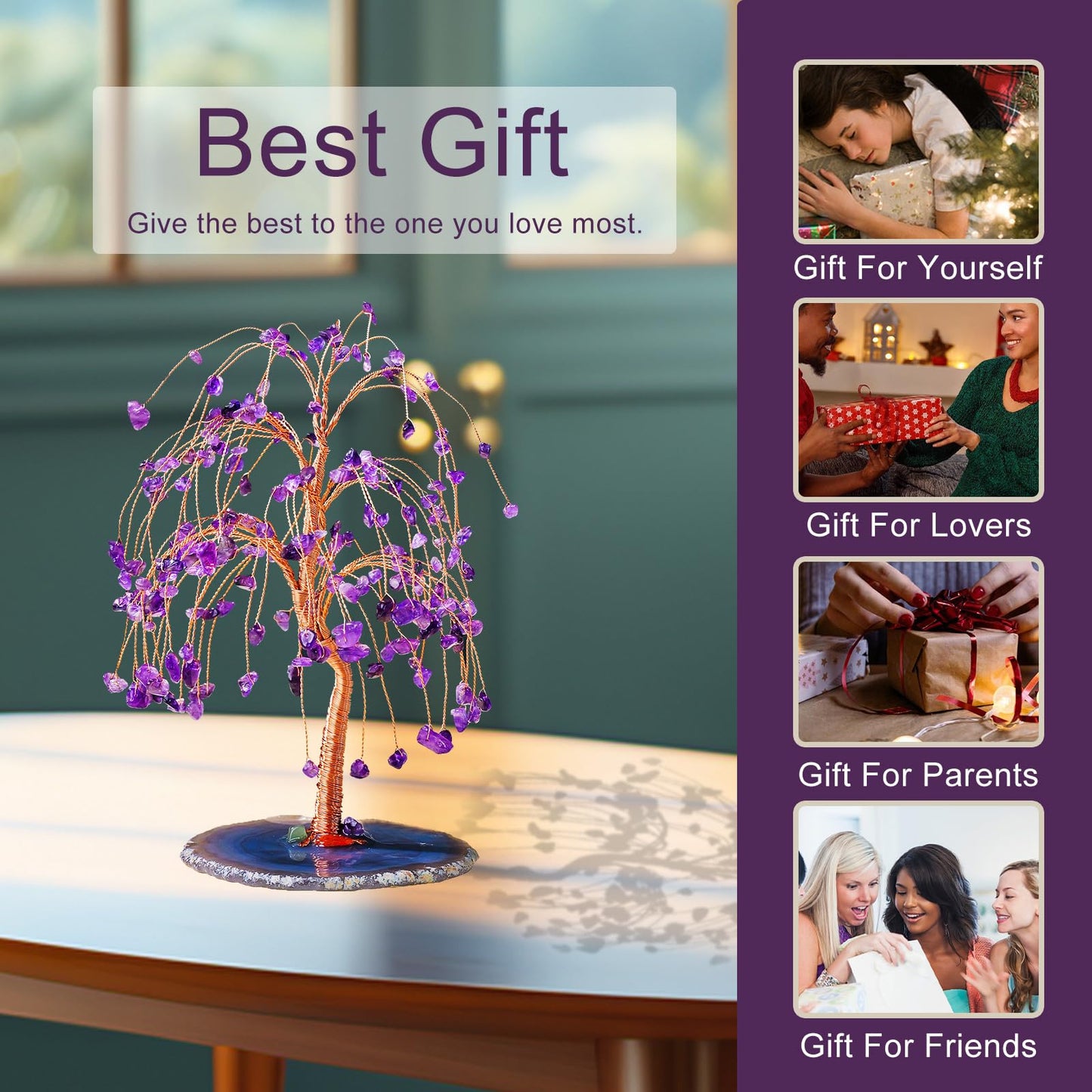 Runyangshi Natural Amethyst Crystal Tree of Life Handmade with Copper Wire - 7-8" Healing Crystals Gemstone Willow Tree Geode Agate Slices Base for Home Decor, Feng Shui Gifts, Office Desk Ornament