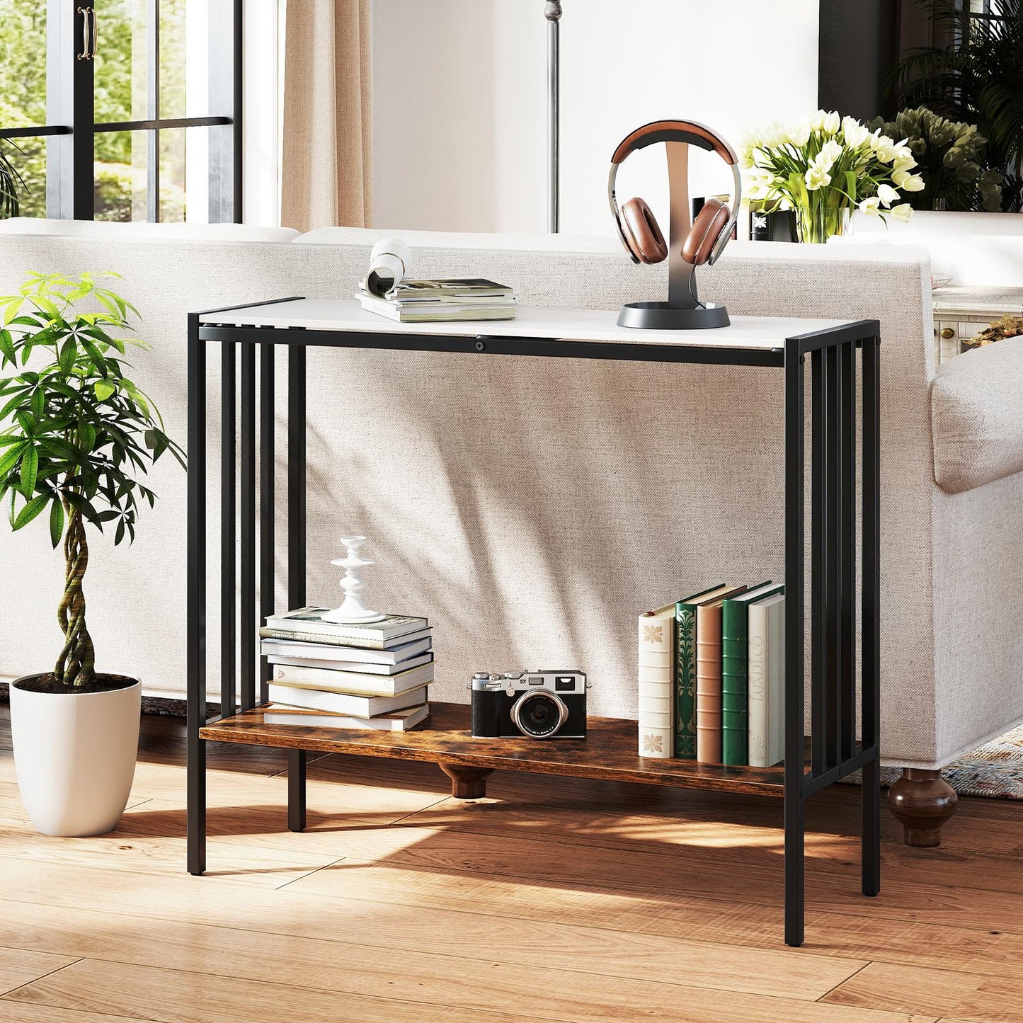 Giantex 36" Narrow Console Table, 2-Tier Industrial Entryway Table with Open Storage Shelves & Metal Frame, Faux Marble Sofa Table Behind Couch for Living Room, Hallway, Foyer, White & Rustic Brown