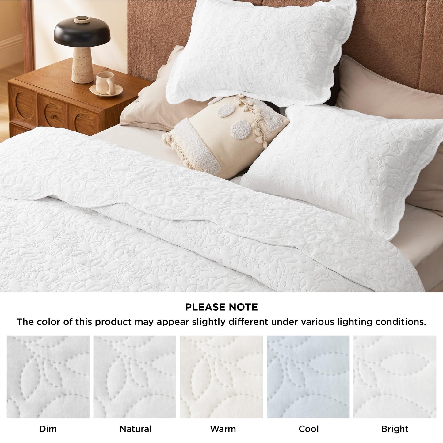 Bedsure Quilt King Size - Ultra Soft Pre-Washed Cloud-Like Bedding, All-Season Lightweight Comforter for Country Bedroom, Leaf Design Coverlet in Pure White, 106 x 96 Inches