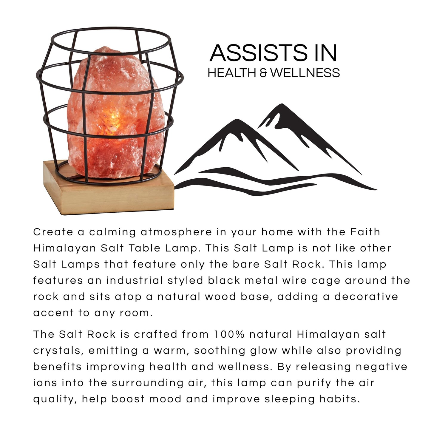 Adesso SL1147-12 Faith Himalayan Salt Table Lamp, 8 in., 7W Type B Bulb, Black Metal/Natural Wood, 1 Novelty Lamp