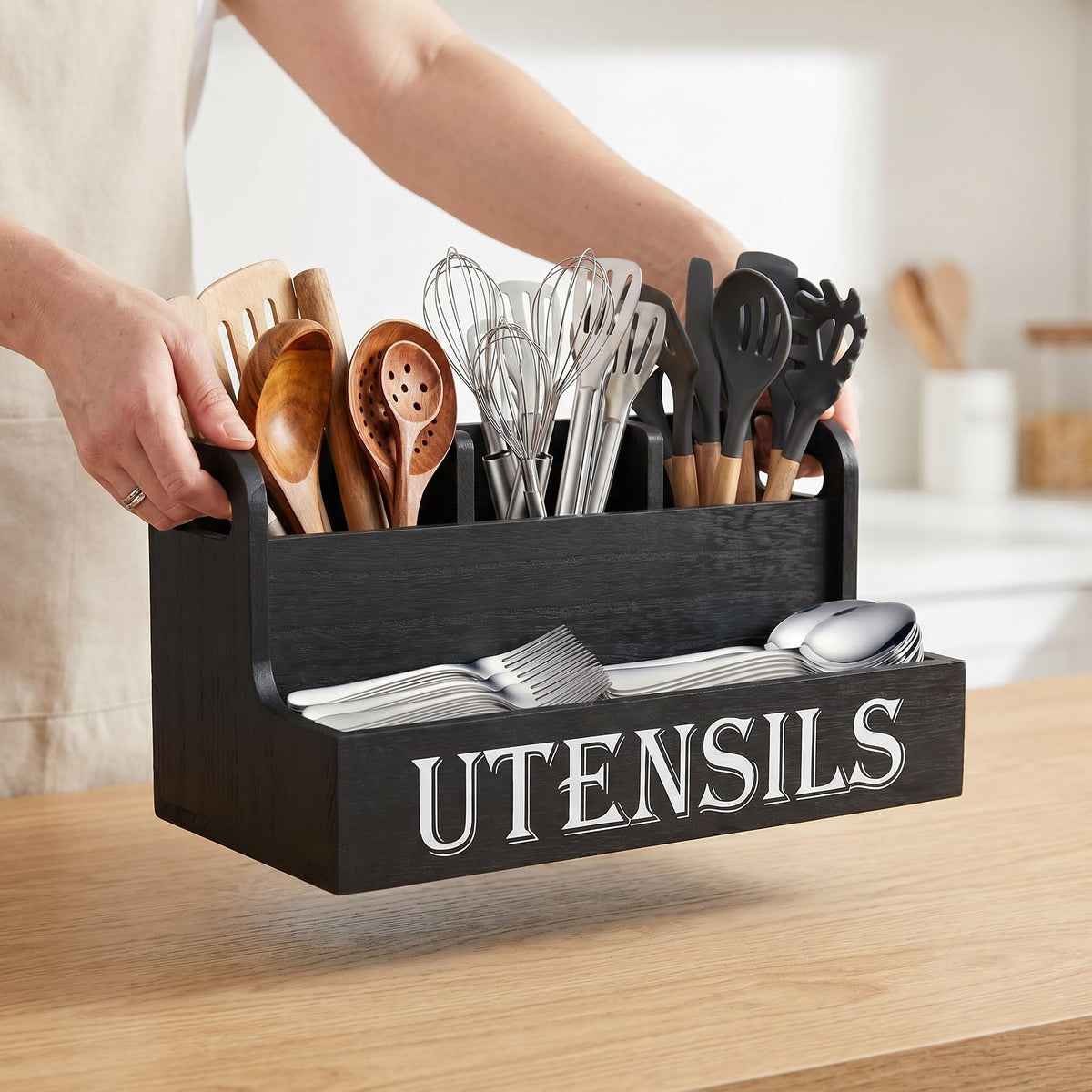 SHAXIXI Wooden Utensil Holder Kitchen, Country Style Cutlery Holder With Drainage Holes In The Bottom (Black)