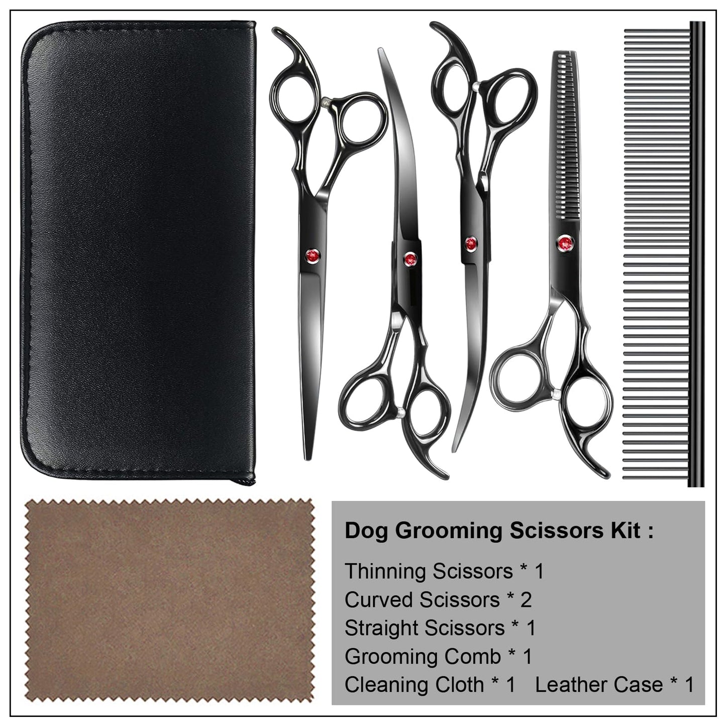 Professional Dog Grooming Scissors Kit Black 6 in 1, Dog Shears for Grooming 6CR Premium Stainless Steel Grooming Scissors Kit for Dogs Cat Pet