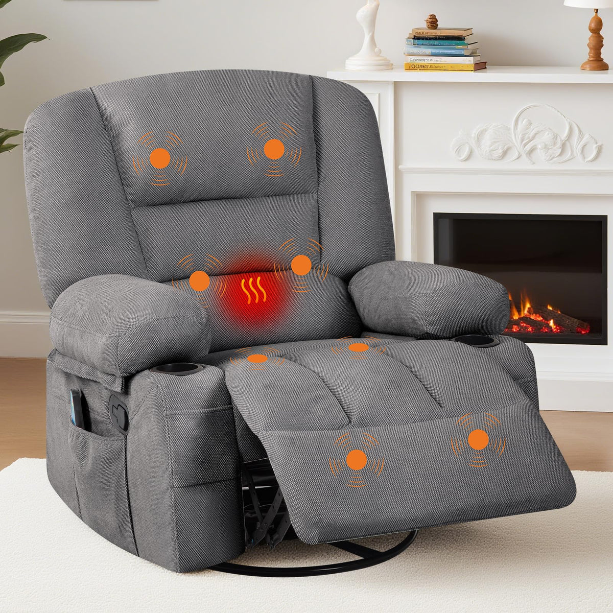 Oversized Wide Recliner Chair with Vibration Massage and Heat, 360° Swivel Recliner Glider for Adults,Chenille Fabric Manual Reclining Single Sofa with Cup Holders & Side Pockets for Living Room,Grey