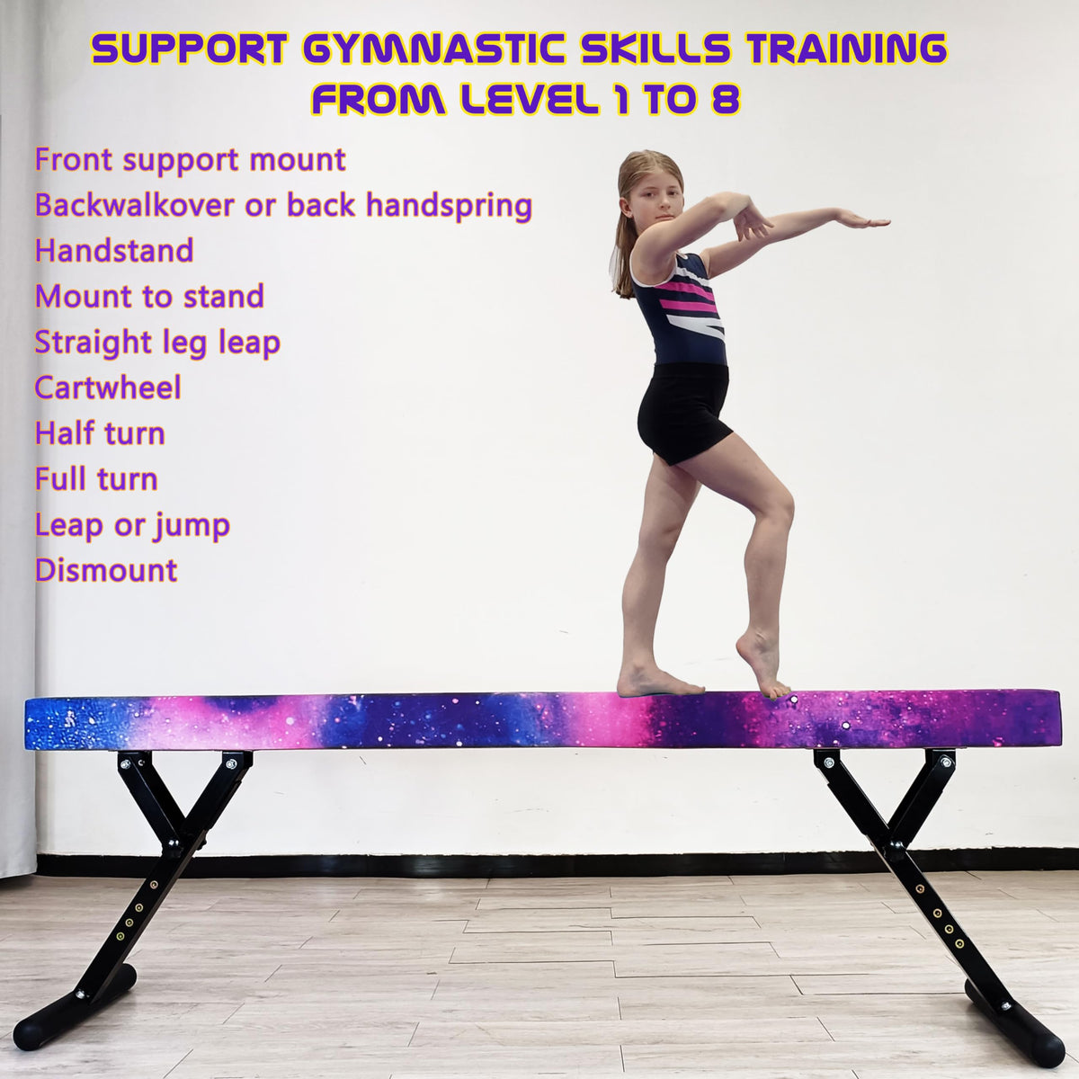FC FUNCHEER Adjustable balane Beam for Kids - 8FT Gymnastics Beam - high and Low Floor Beam for All Gymnastic Levels-Professional Gymnastic Equipment for Home and Gym Center