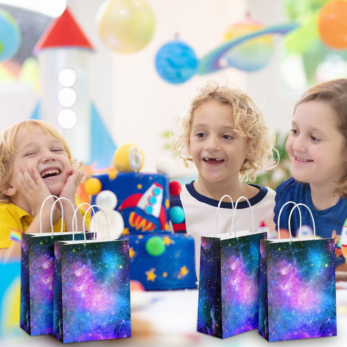 Containlol 16 Pcs Galaxy Party Bags Outer Space Party Gift Bags Goody Candy Boxes for Solar System Planet Birthday Baby Shower Supplies