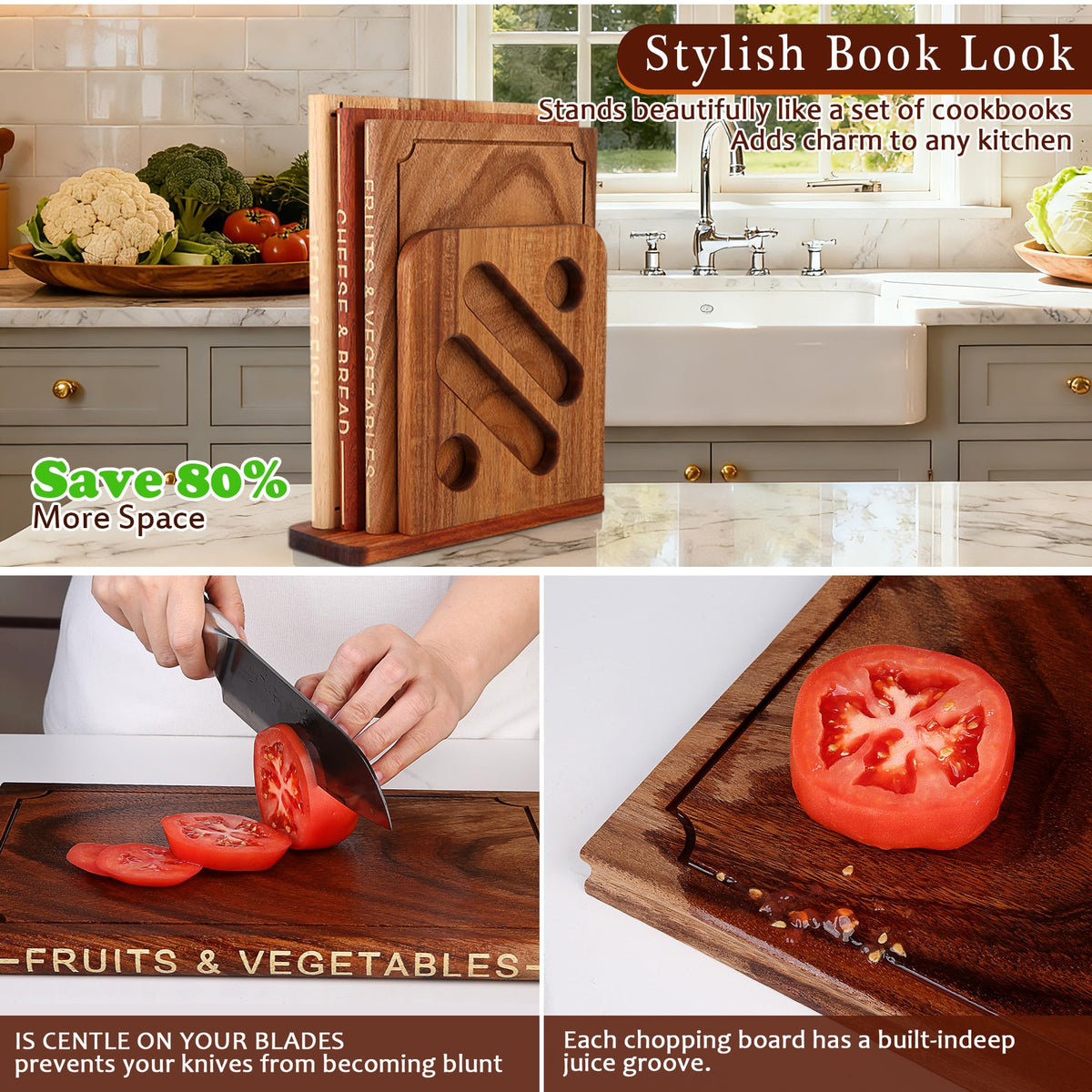 Hoforife 3-Piece Wooden Cutting Boards Set Like Books Wood & Brown