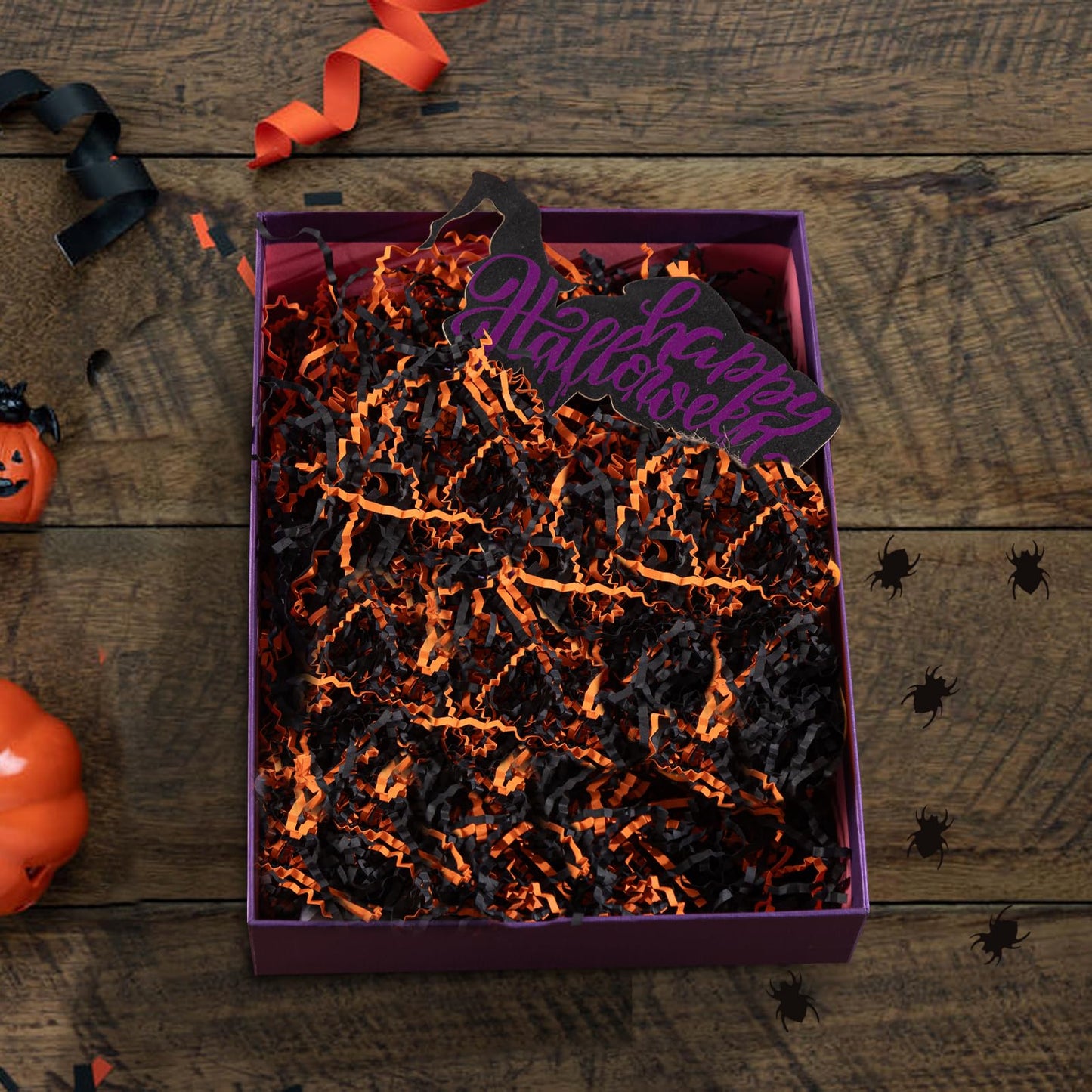 Jocomoni 1LB Halloween Crinkle Cut Paper Shred, Black Orange Crinkle Cut Paper with Spider Confetti Halloween Shredded Paper Filler for Gift Wrapping Craft DIY Packaging Filling Party Supply