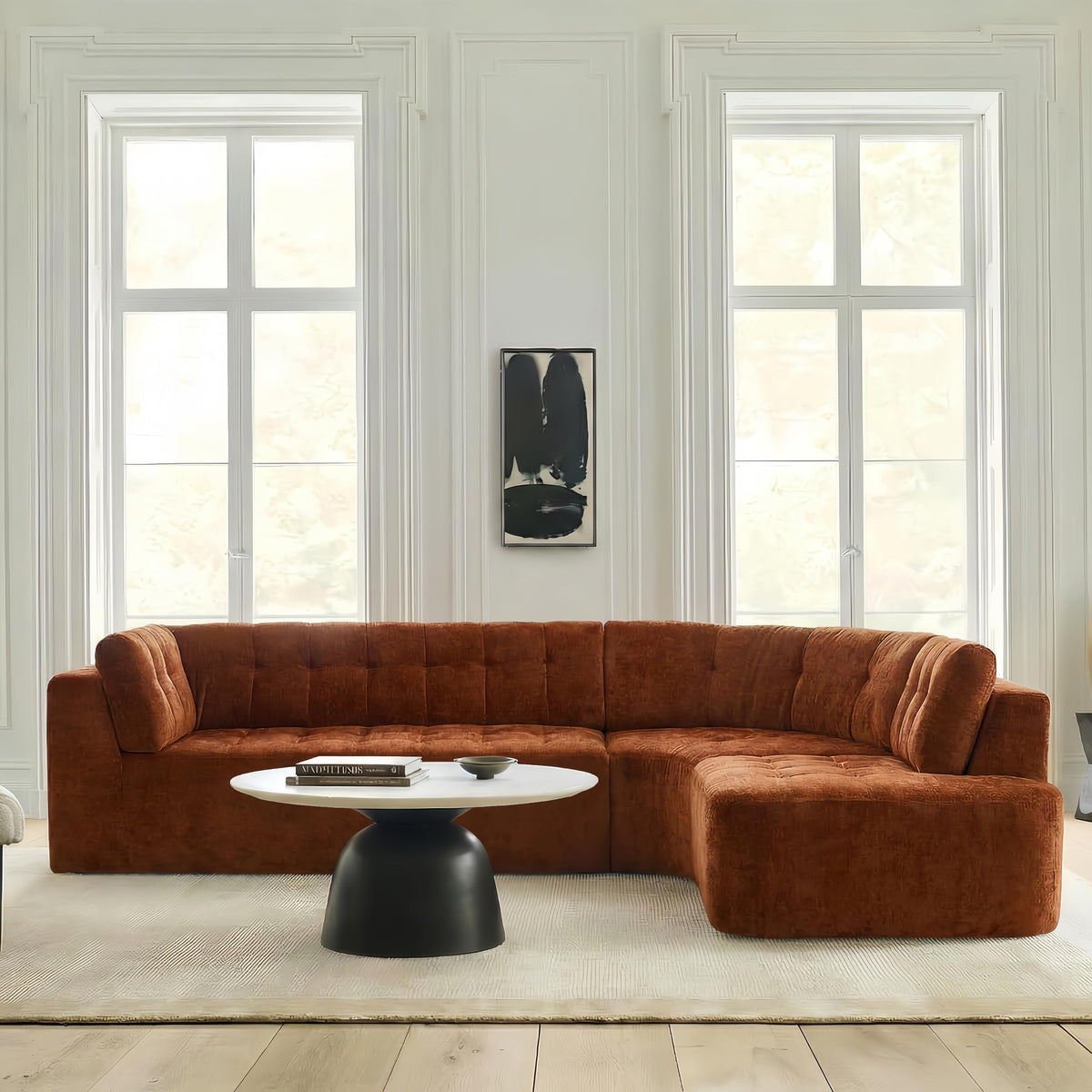 Merax 119" L-Shaped Curved Sectional Sofa Set | 4 Seat Modern Minimalist Tufted Cloud Couch with Chaise Lounge | Fully Upholstered Arms | Right-Hand Facing Foam | No-Tools Assembly, Dark Orange
