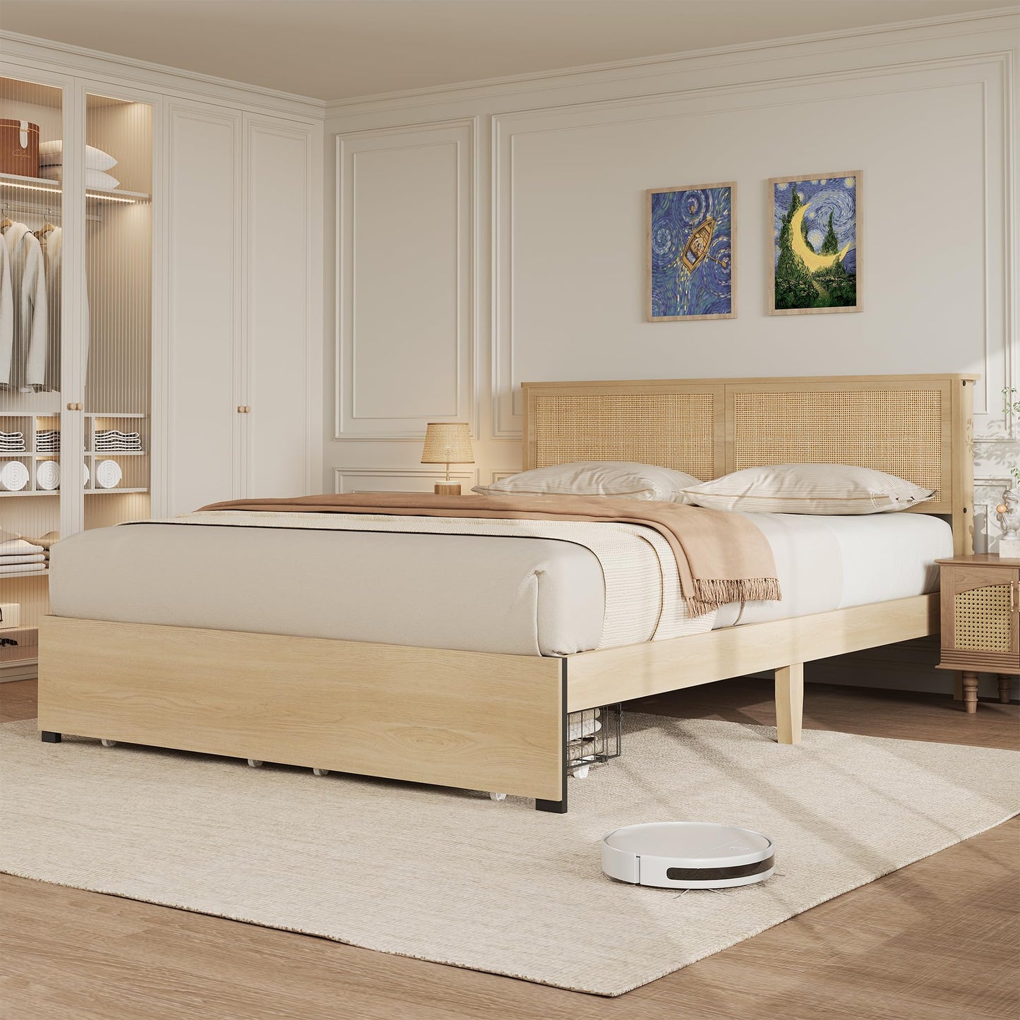 GarveeHome Rattan Bed Frame Full Size Bed Frame with 2 Drawers, Wooden Platform Bed with Rattan Headboard, Led Lights, Boho Storage Bed Frame, Noise Free, No Box Spring Needed, Natural Oak