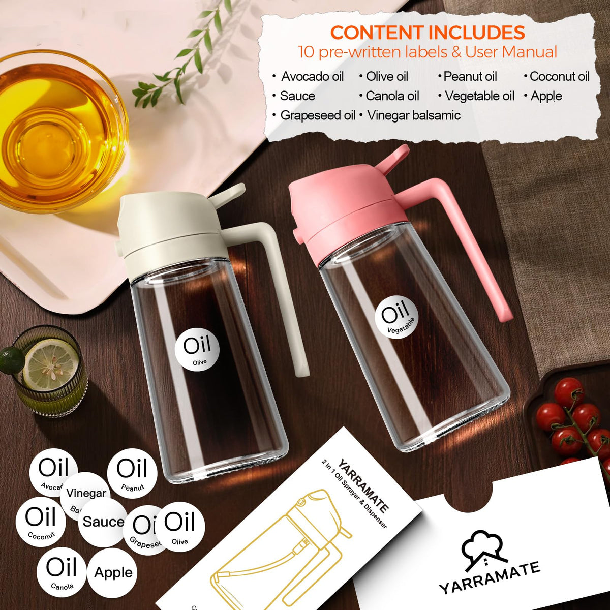 YRRAMATE 16oz/470ml Glass Olive Oil Sprayer for Cooking with Stickers, 2 in 1 Oil Dispenser for Kitchen Gadgets, Food Grade Premium Spray Bottle for Salad, Frying, BBQ (Creamy White)
