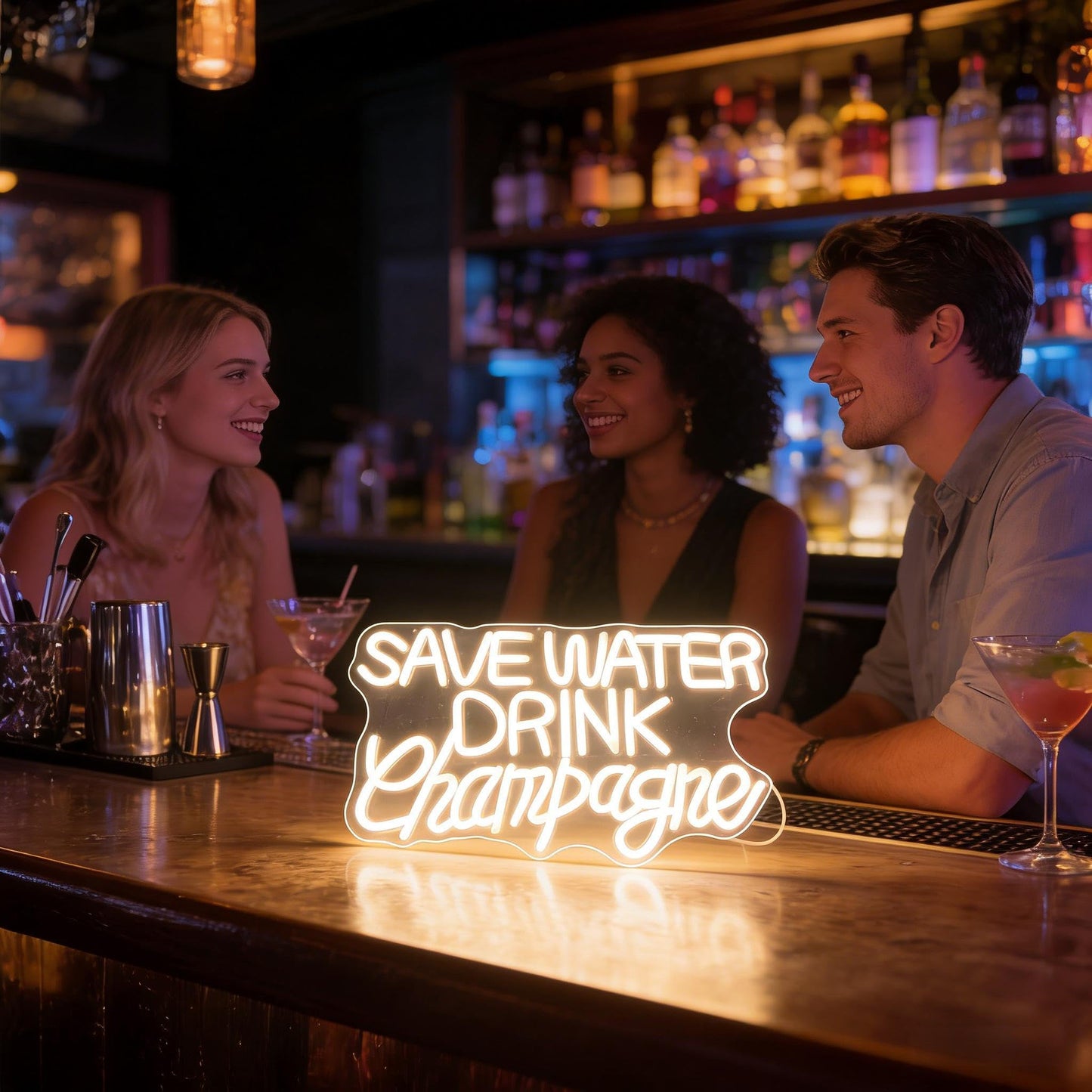 Save Water Drink Champagne Neon Sign, Champagne Theme Light Up Sign, Bar Party Restaurant Living Room Wall Table Decor, USB Powered Dimmable Led Decorative Neon Light 16.7 x 9.4 In