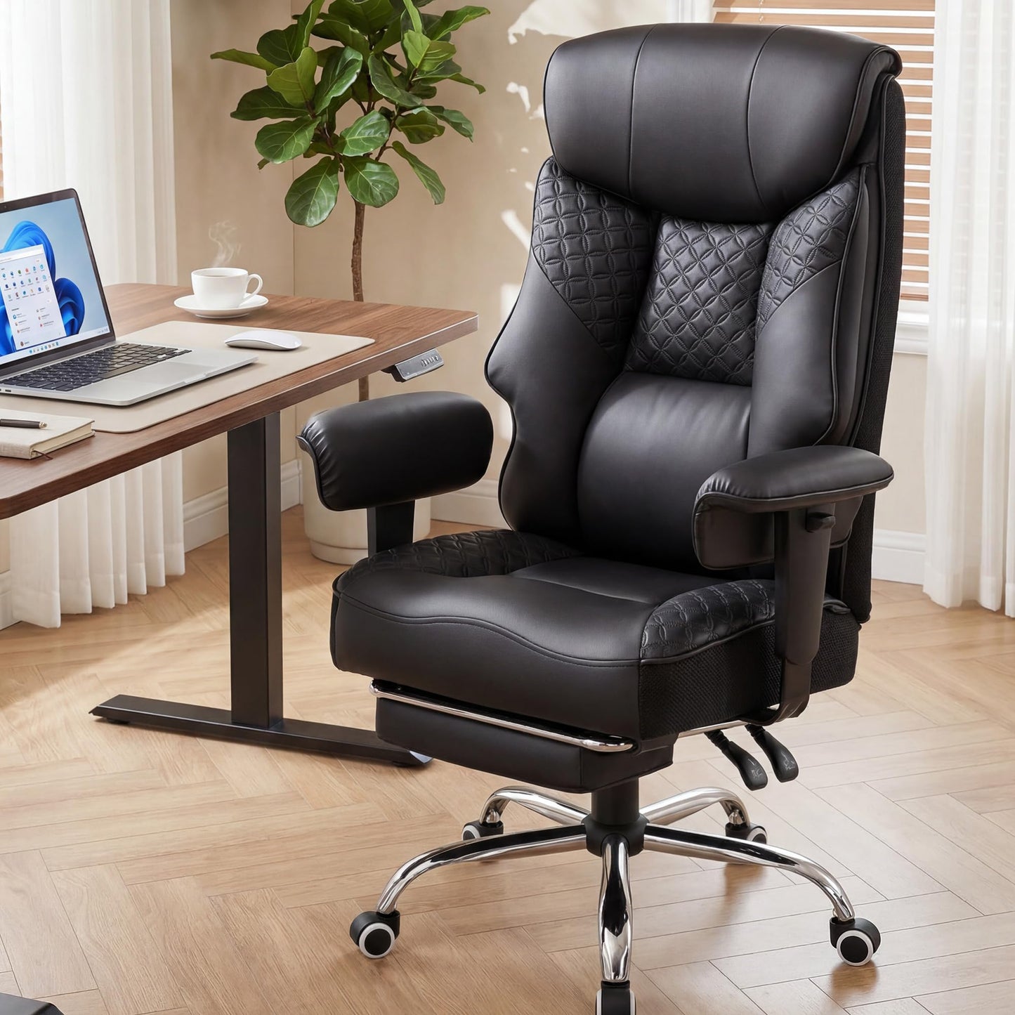 GTPLAYER Big and Tall Office Chair High Back Computer Gaming Chair with Ergonomic Lumbar Support &Pocket Spring Cushion for Lower Back Pain Relief, Leather Executive Chair with Foot Rest, Black