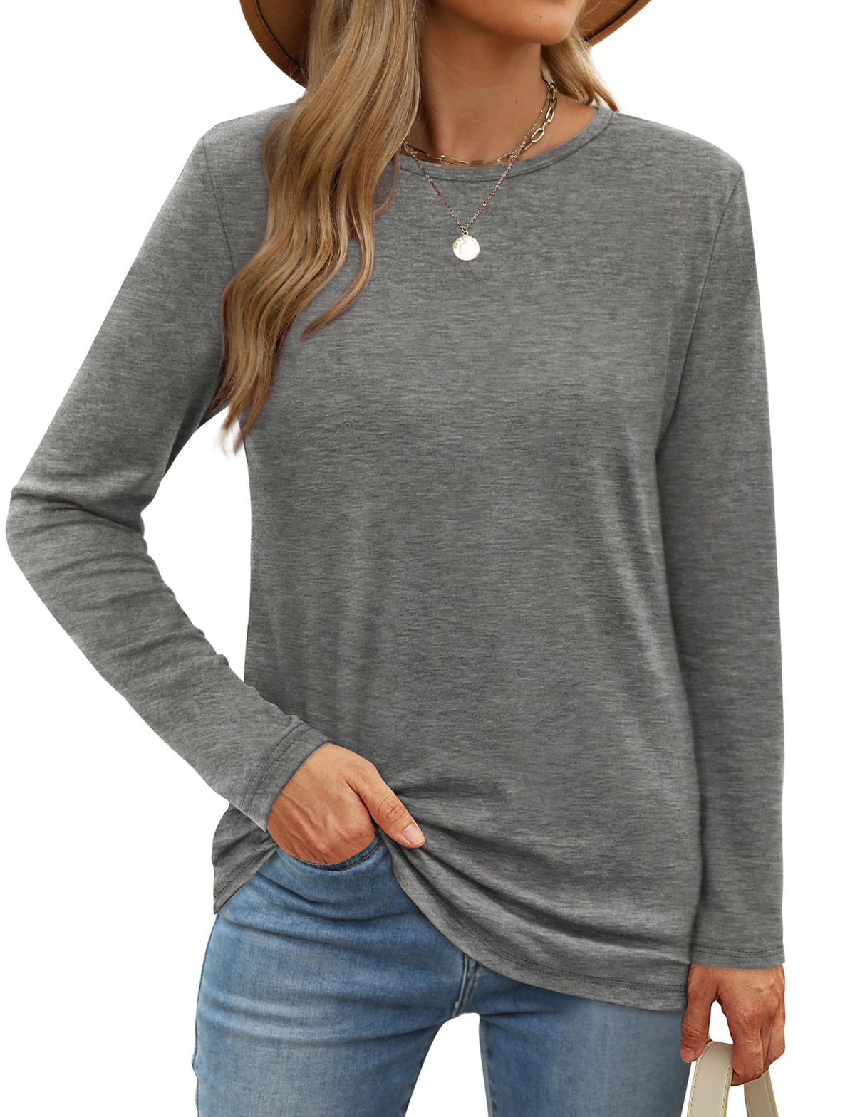 XIEERDUO Womens Long Sleeve T Shirts Loose Fit Crew Neck Fall Tops Lightweight Gray M