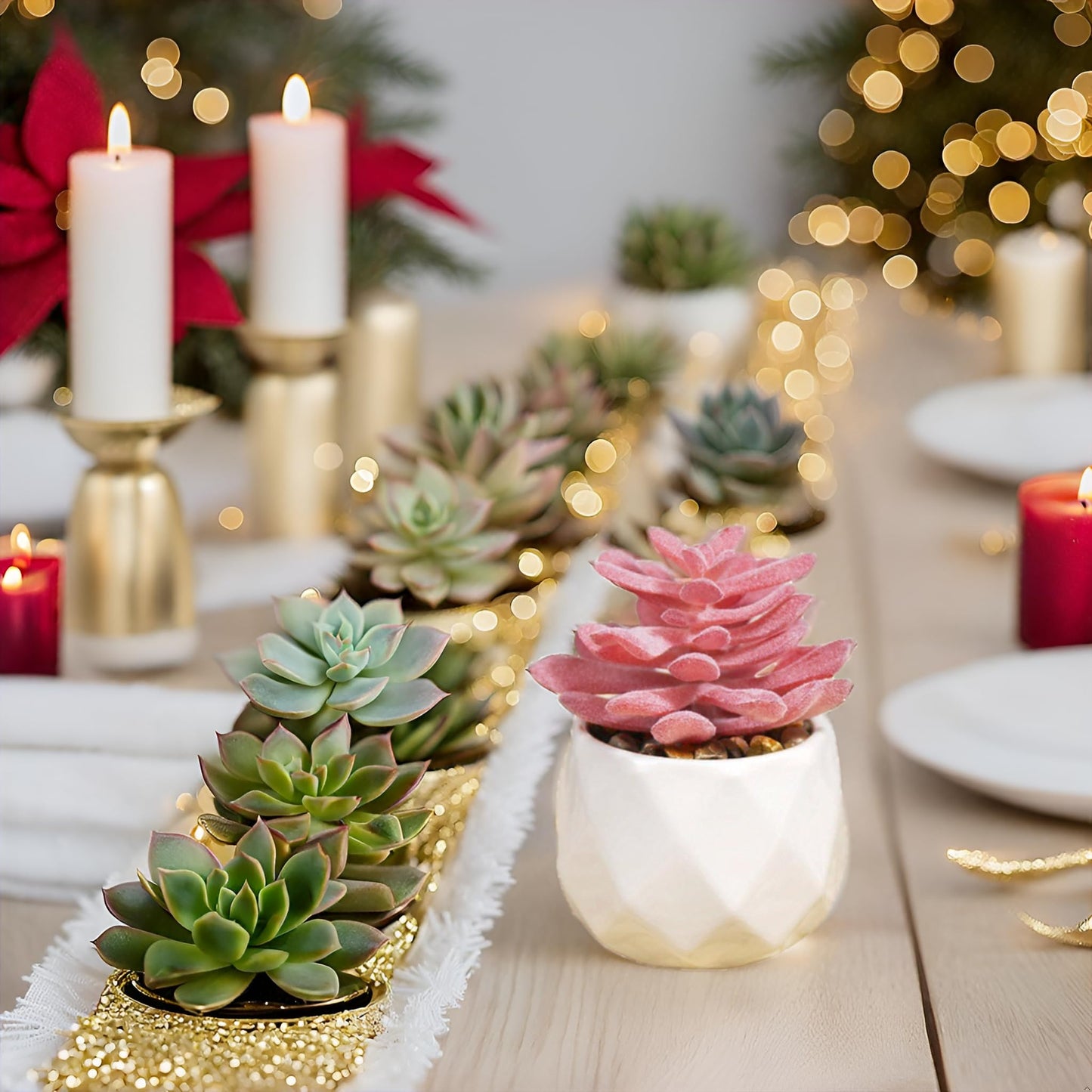 VIVERIE Mini Faux Succulents Plants Artificial in Pots-Rose Pink Desk Accessories, Small Fake Succulents Plants for Home Decor Indoor for Women, White Ceramic, Set of 4