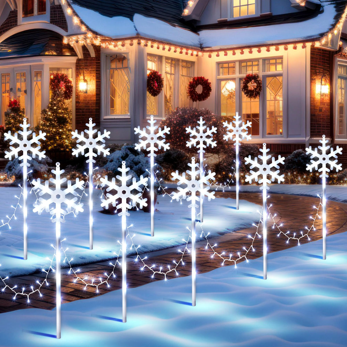 ElectricWise 10 Pcs Christmas Snowflake Pathway Stake Lights for Outdoor Yard, 370 Bright LEDs Waterproof Large Christmas Snowflake Light Decoration for Garden Lawn Driveway Walkway Decor(Cool White)
