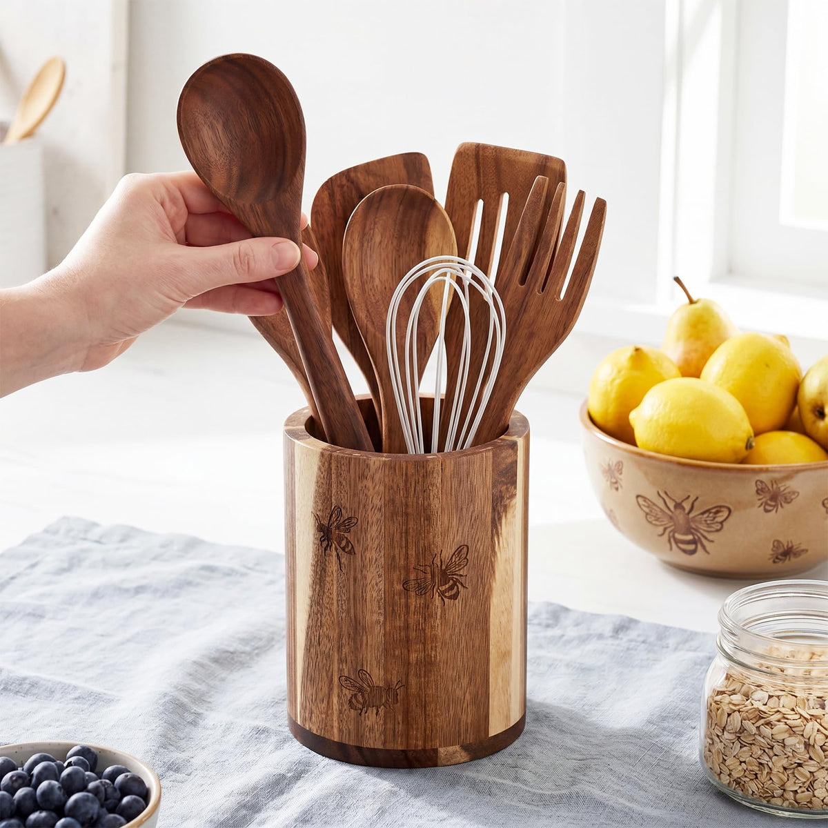 Hushee 2 Pack Acacia Wood Utensil Holder for Kitchen Counter, 360° Rotating 7.3inch Large Wooden Cooking Utensil Crock and 5.5 Inch Small Kitchen Tool Organizer for Countertop, Farmhouse Modern Decor