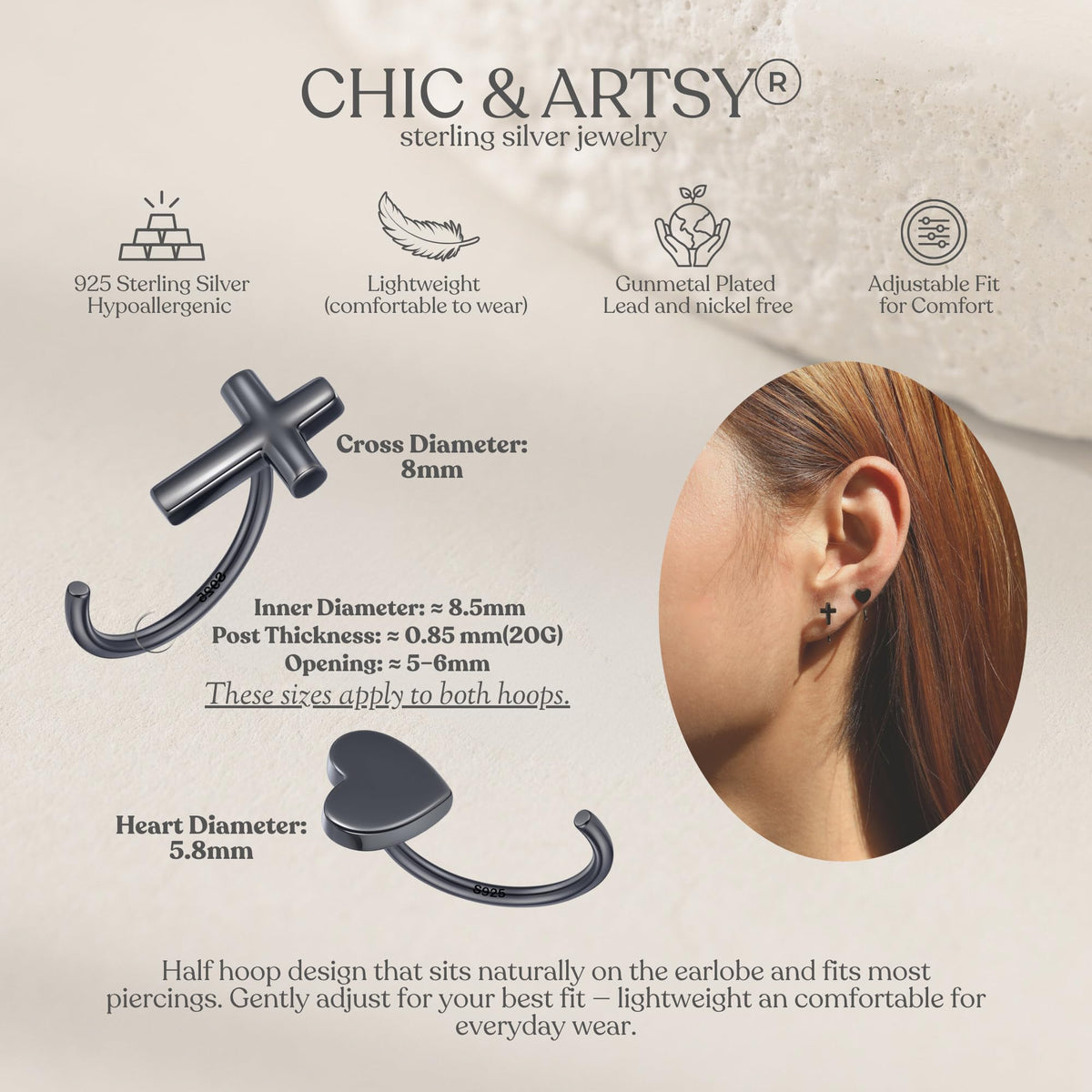 CHIC & ARTSY Backless Earrings for Women 925 Sterling Silver Half Huggie Hoop Earrings Ardant Stay Close Hoops Black Loving Heart & Cross No Back Earrings Set Everyday Earrings