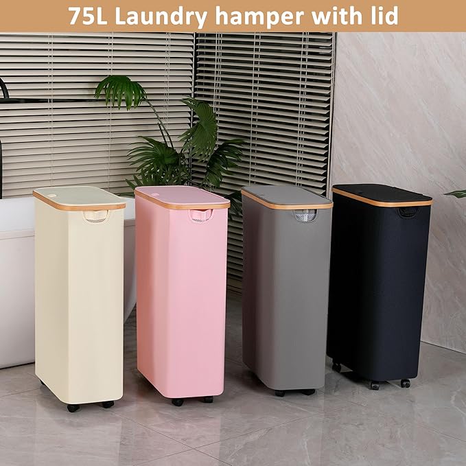 Laundry Basket with Wheels, 75L Beige Clothes Hamper