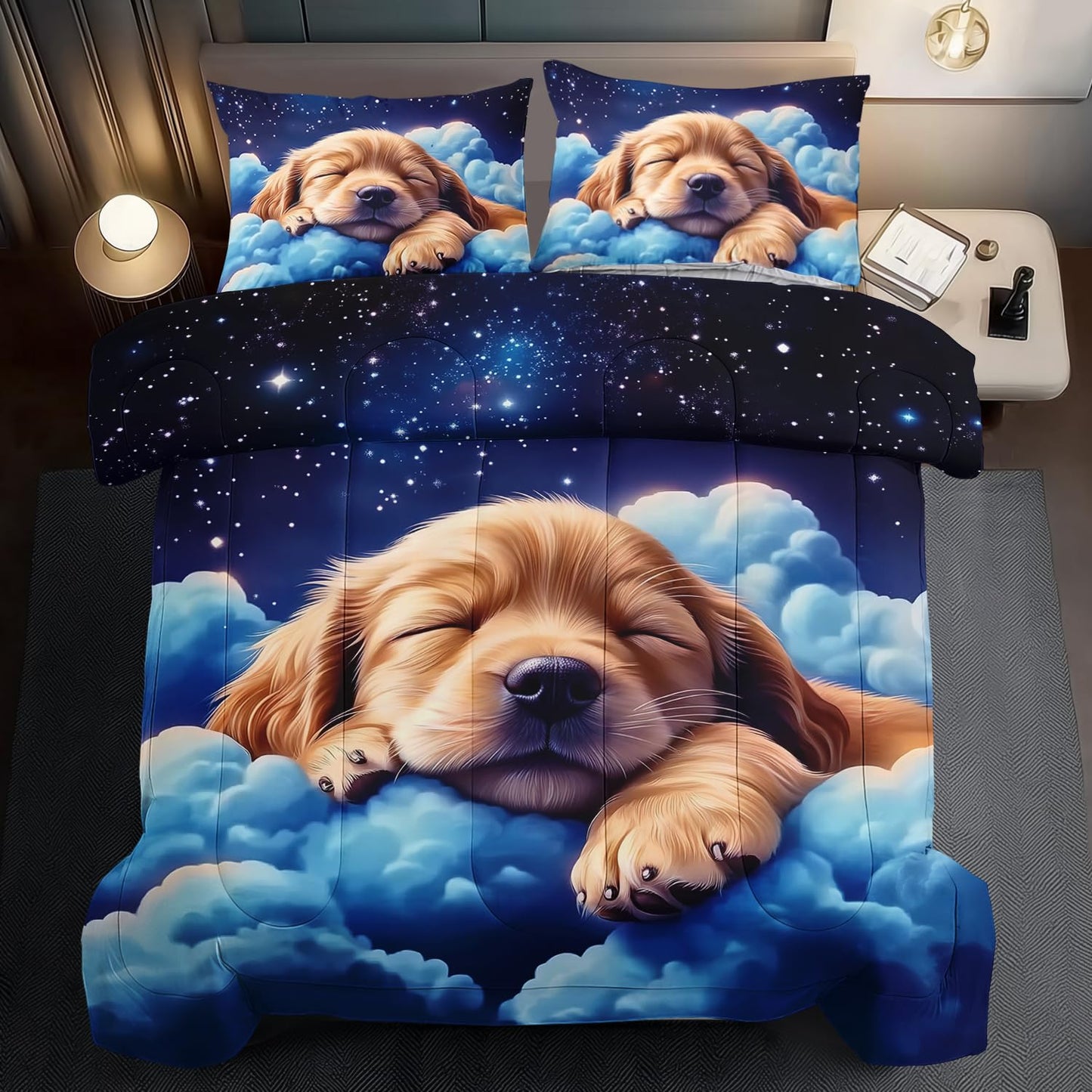llyxsesty Blue Cute Dog Comforter Set King for Kids Blue Animal Bedding Set Boys Kawaii Dog Kids Comforter King Quilt Animal Bedroom Decor Starry Sky Bedding Bedroom Decor