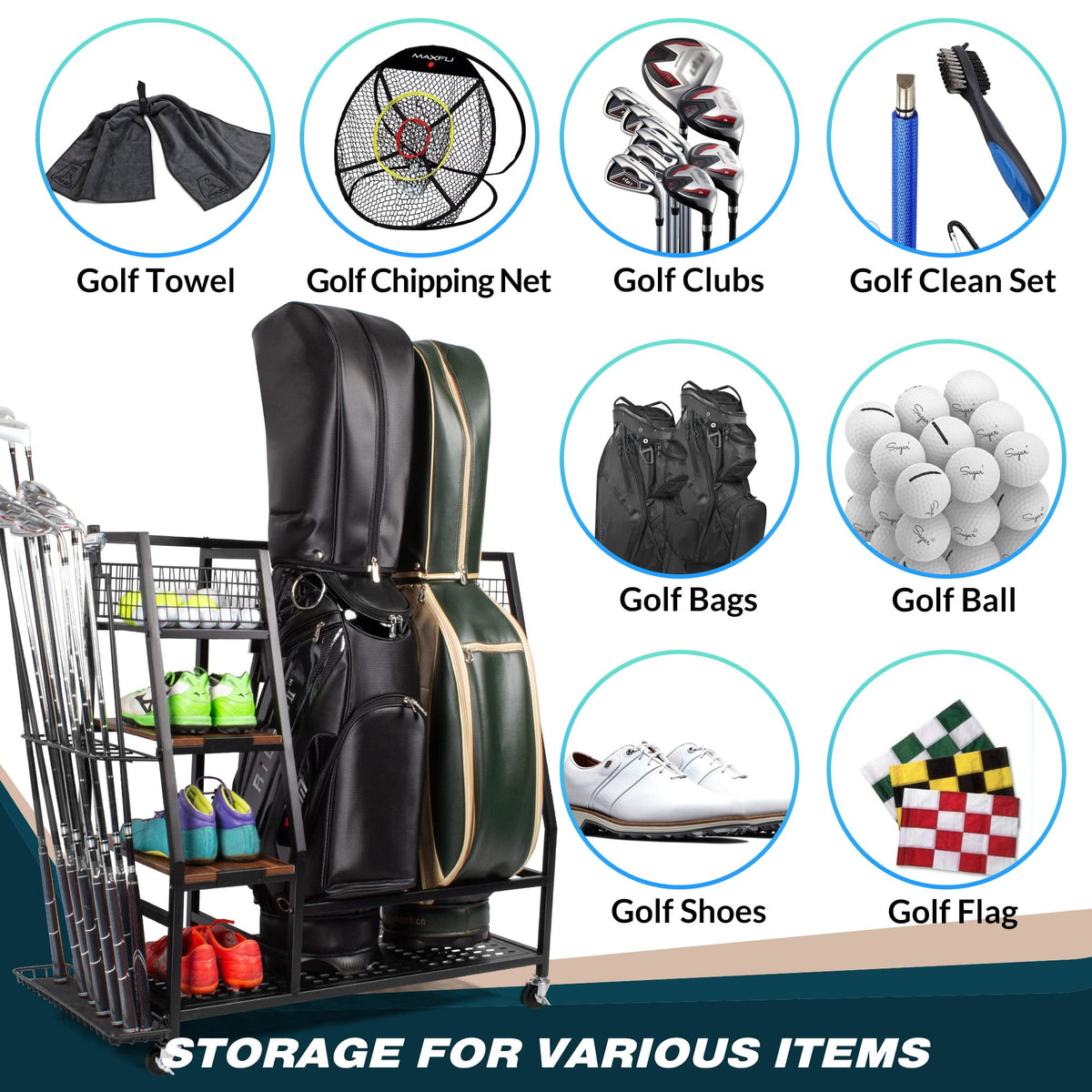 Sttoraboks 2 Golf Bags Storage Garage Organizer, Golf Bag Rack Fits 2 Golf Bags and Golf Equipment Accessories, Golf Club Storage Stand with Wooden Shelf and Lockable Wheels for Garage Indoor Basement