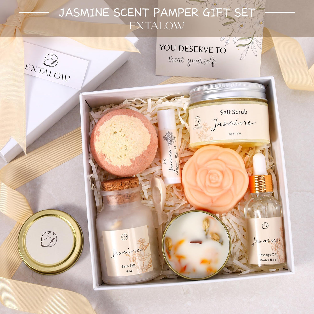 EXTALOW Spa Gifts for Women Mothers Day Gifts Jasmine Bath Gift Baskets Relaxing Self Care Gift for Mom Girlfriend Sister Wife Auntie Home Bath Care Package Thank You Birthday Gift Friendship