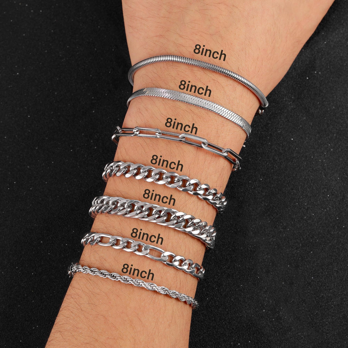 Ritach 7 Pcs Stainless Steel Bracelets for Men Women Cuban Link Bracelet Rope Paperclip Chain Bracelets Set 7.5/8.0 Inches Mens Metal Bracelets Silver Bracelets