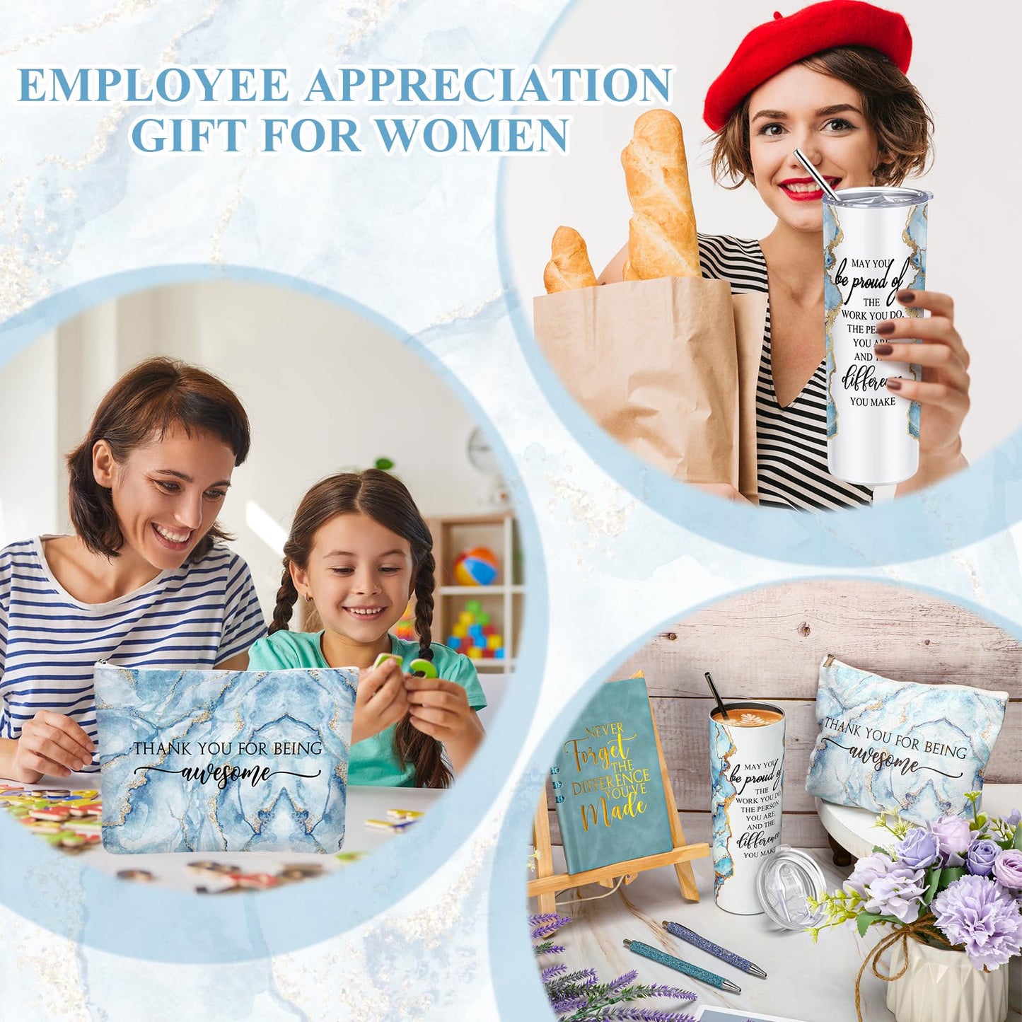 Domensi 6 Pcs Employee Appreciation Gift Set for Women Female Thank You Gift May You Be Proud 20 oz Rustic Marble Sign Tumbler Makeup Bag Journal for Nurse Lady Work Business(Blue)