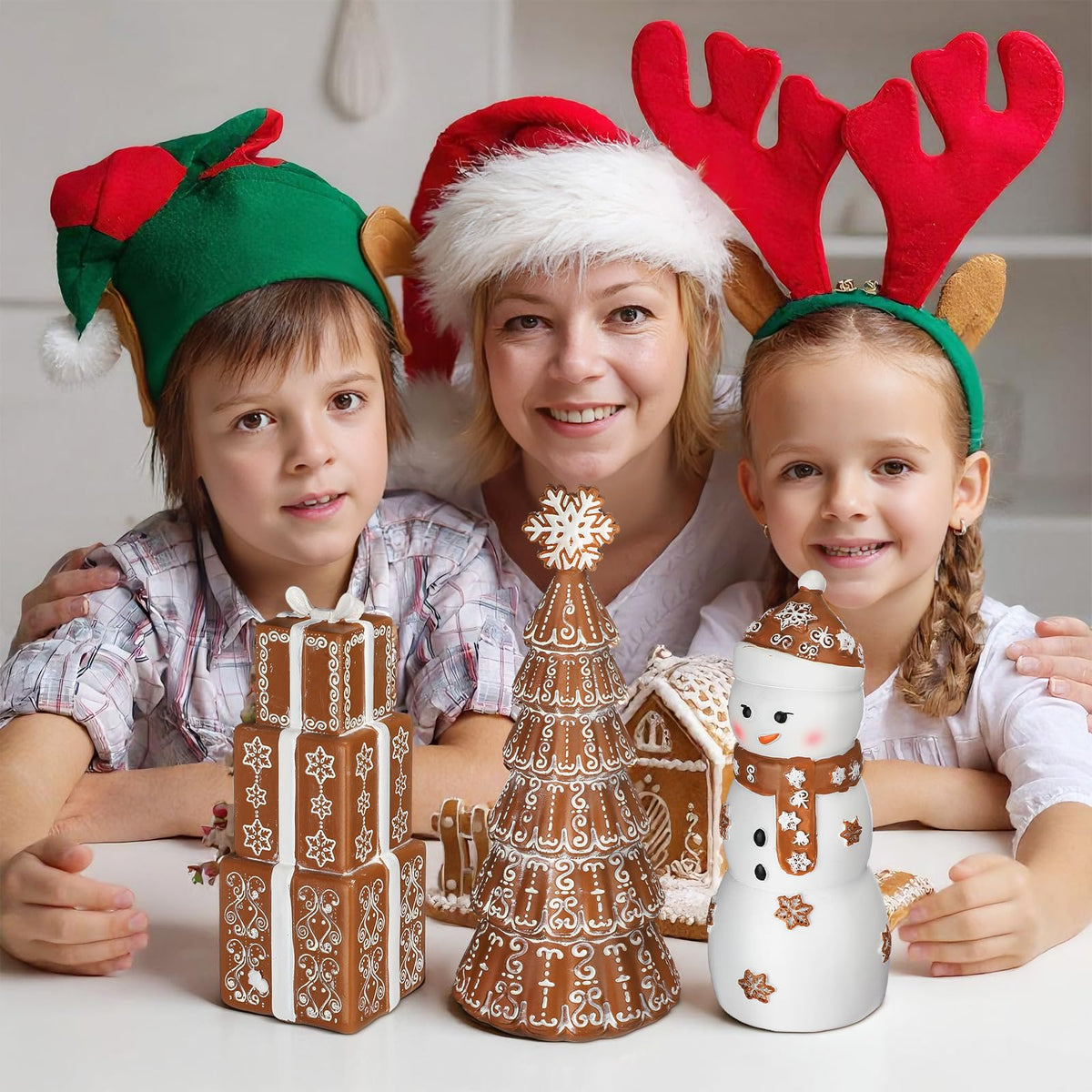 Kathfly 3 Pcs Christmas Winter Gingerbread Figurines Set Resin Snowman Gingerbread Tree Collectible Gift Table Centerpiece for Home Christmas Holiday Shelf Mantel Table Display