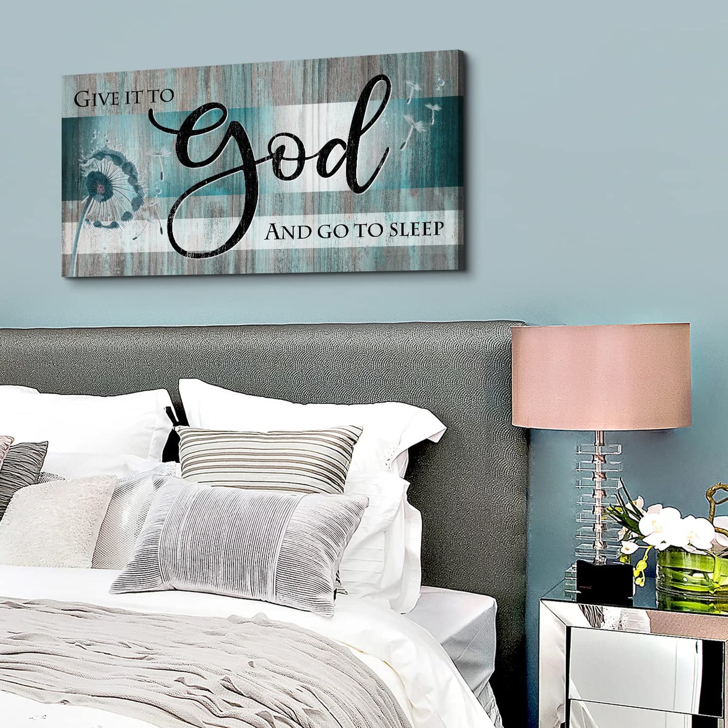 Christian Wall Art Bible Verse Wall Decor Give It to God and Go to Sleep Bedroom Pictures Teal Faith Quote Canvas Painting Religious Scripture Poster Dandelion Artwork Living Room Decorations 20x40"