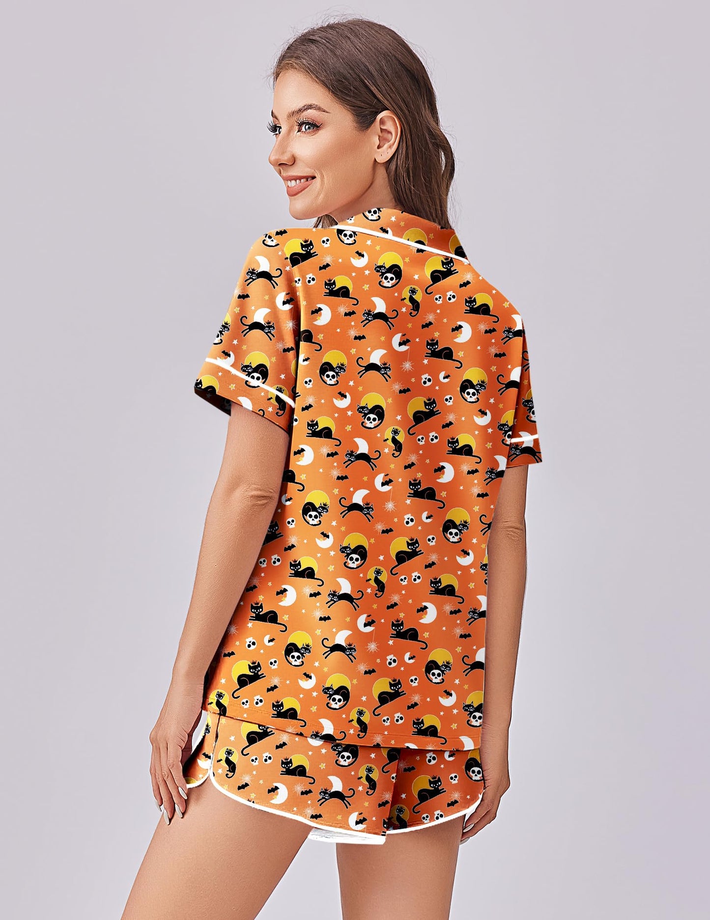 Ekouaer Womens Silk Satin Pajama Set Print Short Sleeve Sleepwear Button Down Pjs Shorts Set Loungewear Halloween Kitty XL