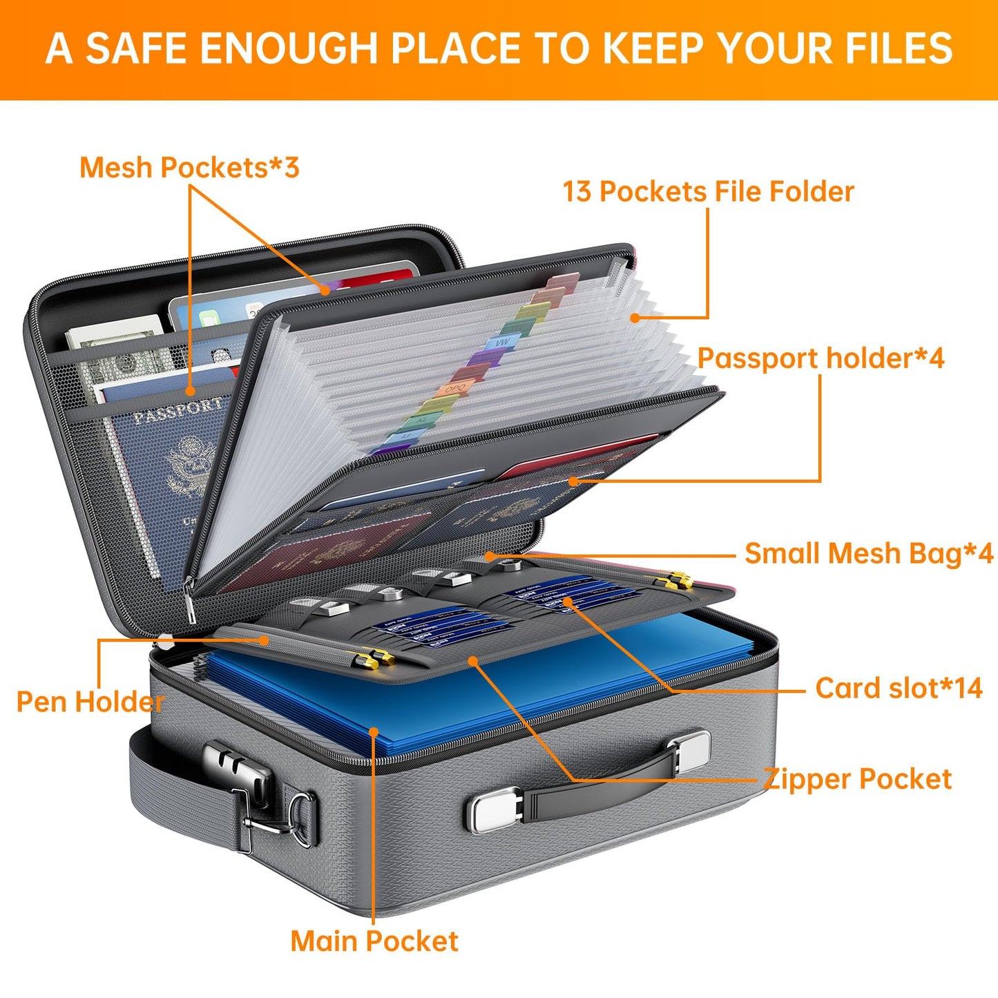 DocSafe Fireproof Document Box with Lock&Shoulder Strap,Hard Case File Organizer with Accordion File Folder,Multi-Layer Portable Home Office Travel Safe Storage for Important Documents Laptop Gray