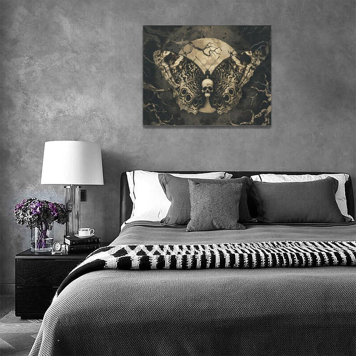xiilo Gothic Skull Wall Art Spooky Skeleton Butterfly Pictures Decor Goth Moon Horror Canvas Painting Home Artwork Decorations for Halloween Bathroom Living Room Bedroom 16x12 inch