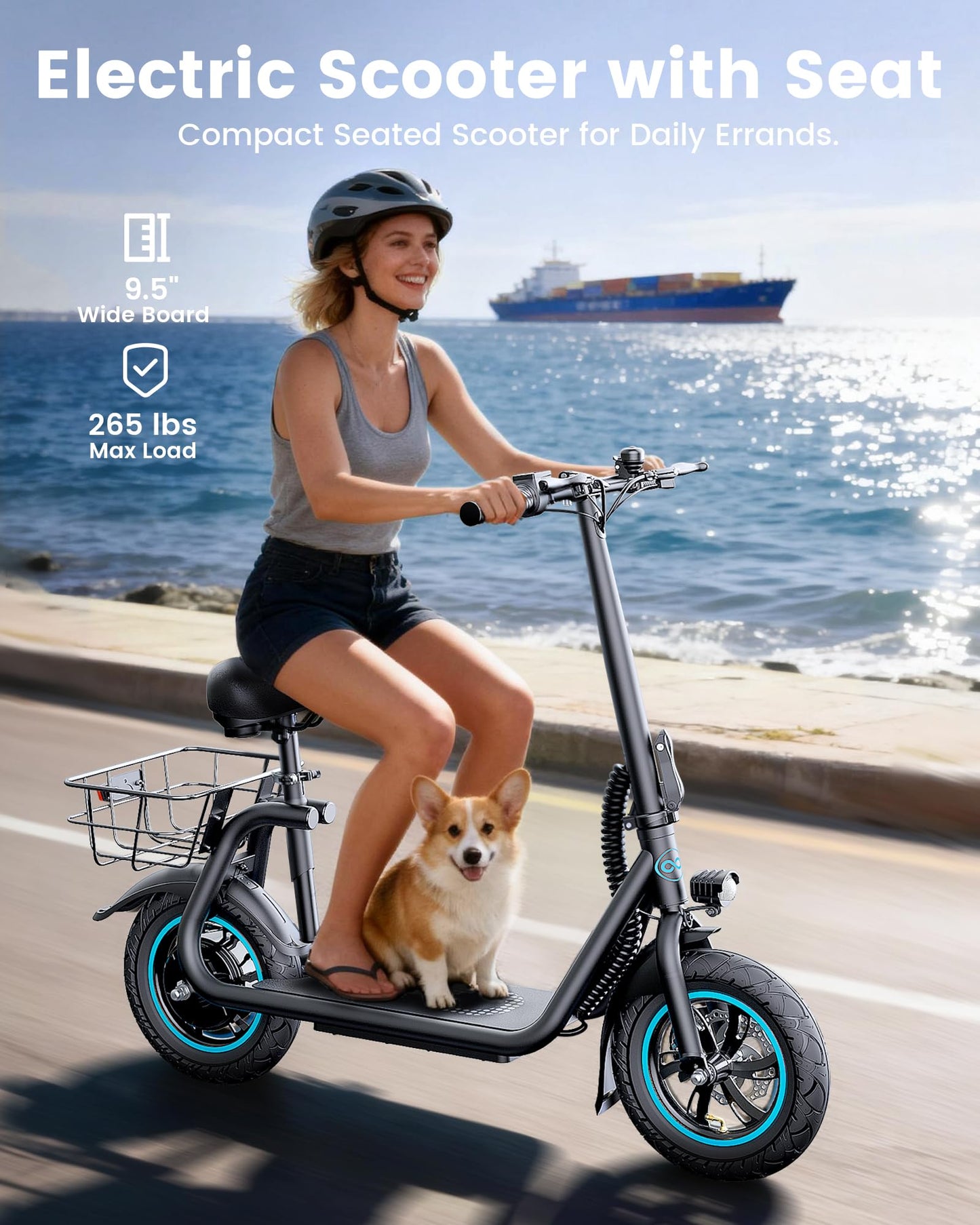 AWWSCOOTER C1 Electric Scooter with Seat for Adults, 450W Motor, 20-Mile Range, 16 MPH, Foldable Commuter E-Scooter with Basket for Grocery, Pets, and Daily Commute–Professional Black