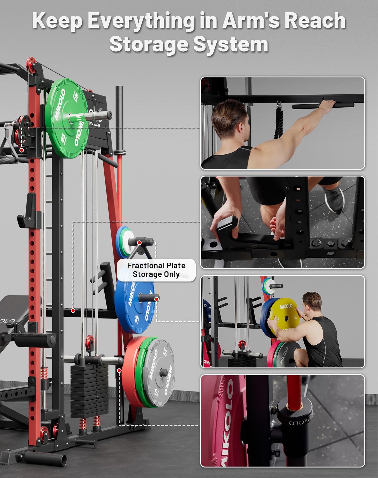 Mikolo Smith Machine with Weight Stack, 2200lbs Squat Rack with LAT-Pull Down System & Cable Crossover Machine, Multi-Function Power Cage, Red