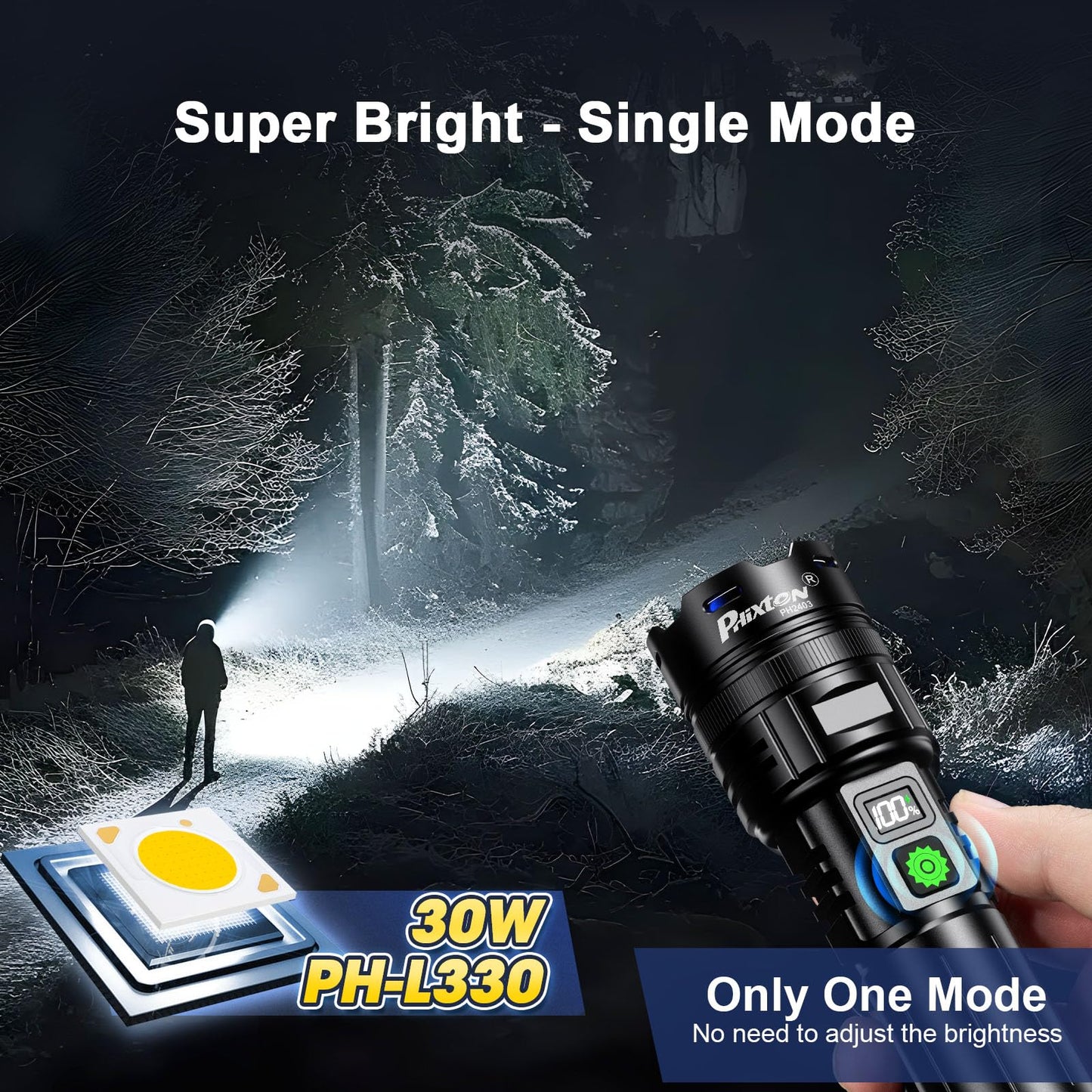 PHIXTON Rechargeable Torch LED Super Bright 1000000 Lumens Single One Mode, Long Distance 1000 Meters Powerful Flashlight Zoomable, Long Lasting 10H Strong Touch, USB C Input Output & Digital Display