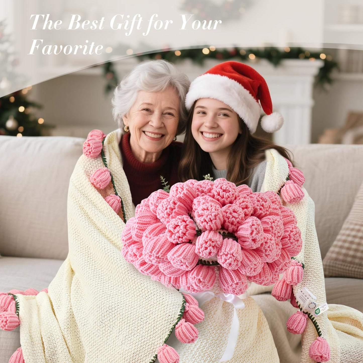 Flower Bouquet Blanket, Gifts for Mom Daughter Grandkids Her Wife Girlfriend, Completed Crochet Flower Blanket,Soft Knitted Throw Blankets, Housewarming Gifts for Mothers Day Birthday (Pink Roses)