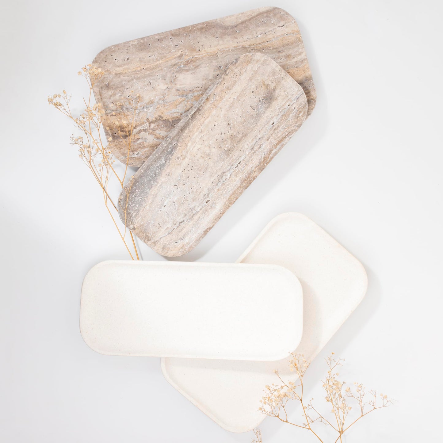 Travertine Marble Footed Tray in White Marble or Silver Travertine – Available in Two Sizes. (White, Large)