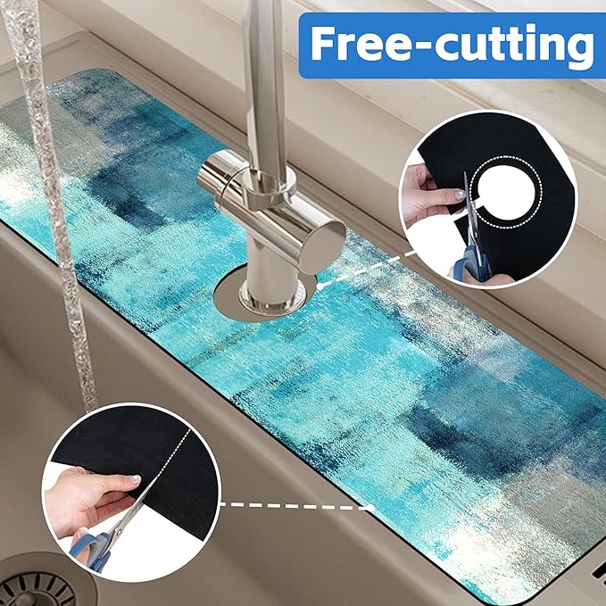 Kitchen Sink Splash Guard Faucet Mat Abstract Teal and Grey Geometric Absorbent