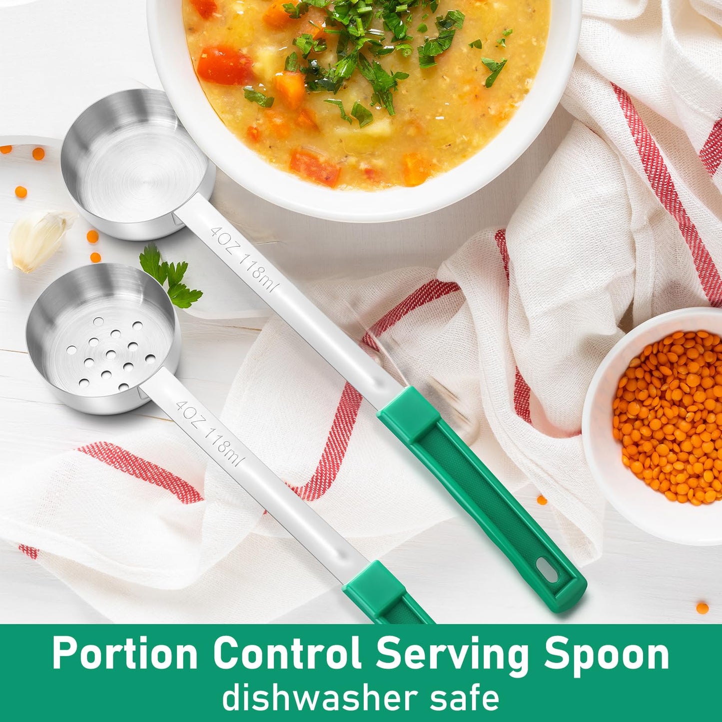 Teenyyou 16 Pcs Portion Control Serving Spoons, Restaurant Measuring Serving Ladle Utensils, Portion Control Slotted Scoops for Weight Loss, Solid and Perforated Scoops(Green,4 oz)
