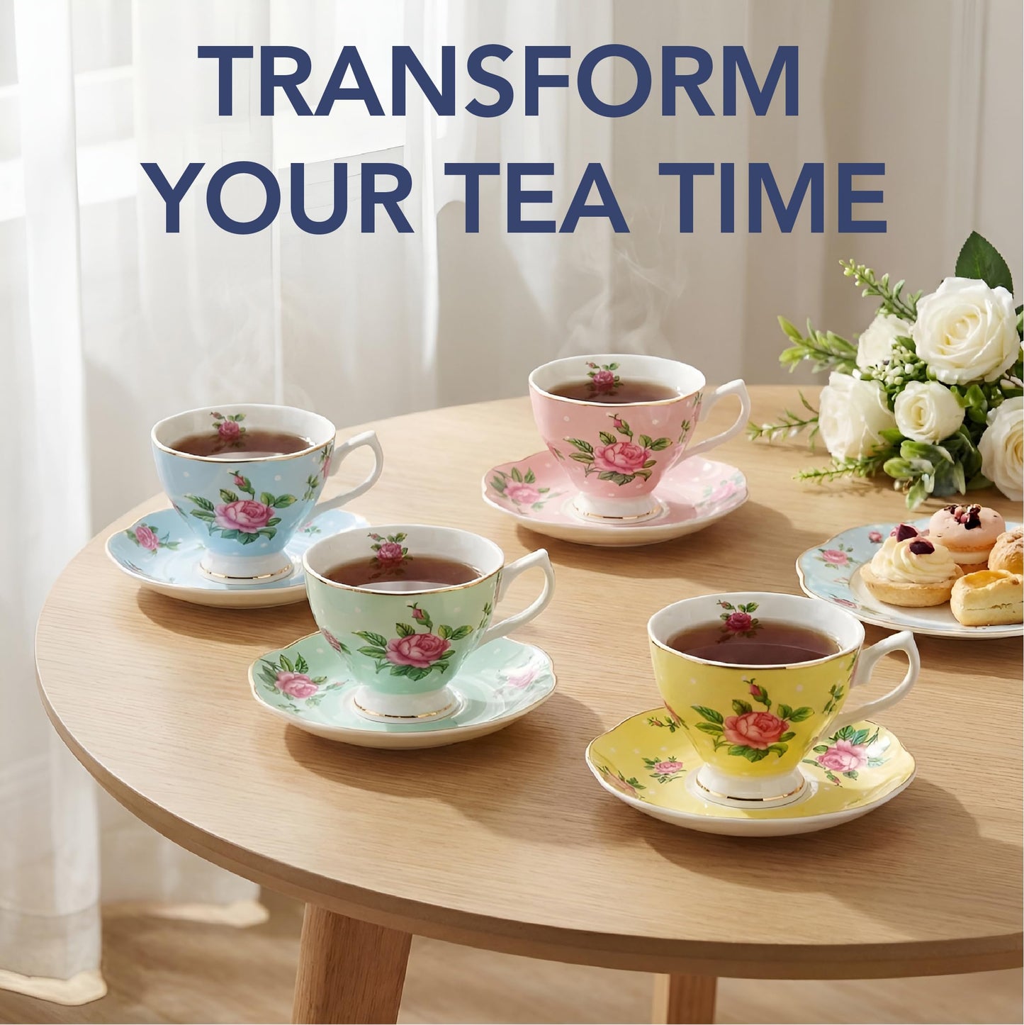 BTaT- Floral Tea Cups and Saucers, Set of 12, 8 oz, Fine Porcelain Teacup Set with Gold Trim for Afternoon Tea, Weddings, Parties & Gifting, Dishwasher Safe, Lightweight, Non-Toxic, Mothers Day Gift