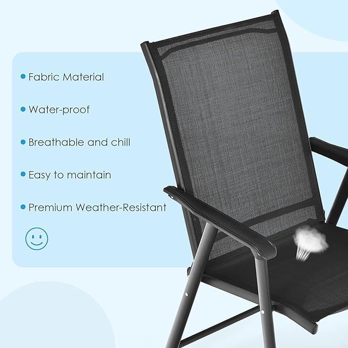 Giantex Set of 4 Patio Folding Chairs, Outdoor Chairs with Armrest, Portable Dining Chairs for Porch Camping Pool Beach Deck Lawn Garden, 4-Pack Patio Chairs, Metal Frame, Black