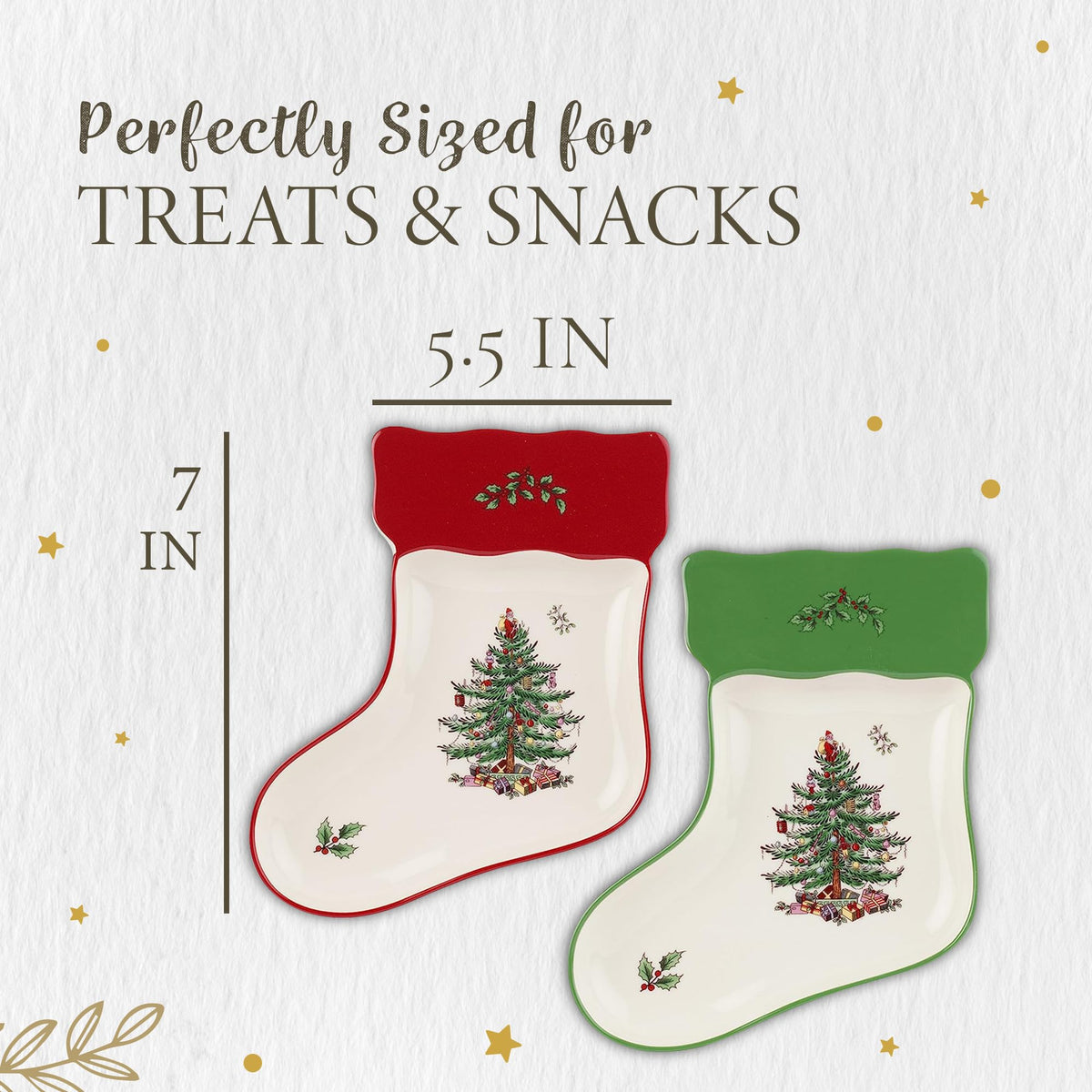 Spode Christmas Tree Stocking Dishes (Set of 2) - Red & Green Serving Platters, Candy Trinket Tray, 7" Fine Earthenware Plates, Dishwasher Safe Holiday Tableware for Seasonal Gatherings