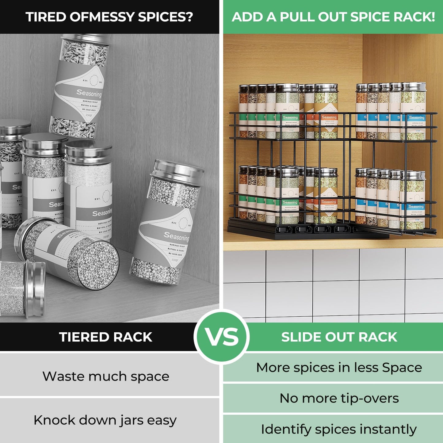 Mystozer Pull Out Spice Rack Organizer for Cabinet, Slide Out Spice Racks, Easy to Install Spice Cabinet Organizers, 7.4" Wx10.43 Dx8.26 H, 3 Drawers 2 Tiers(Black)