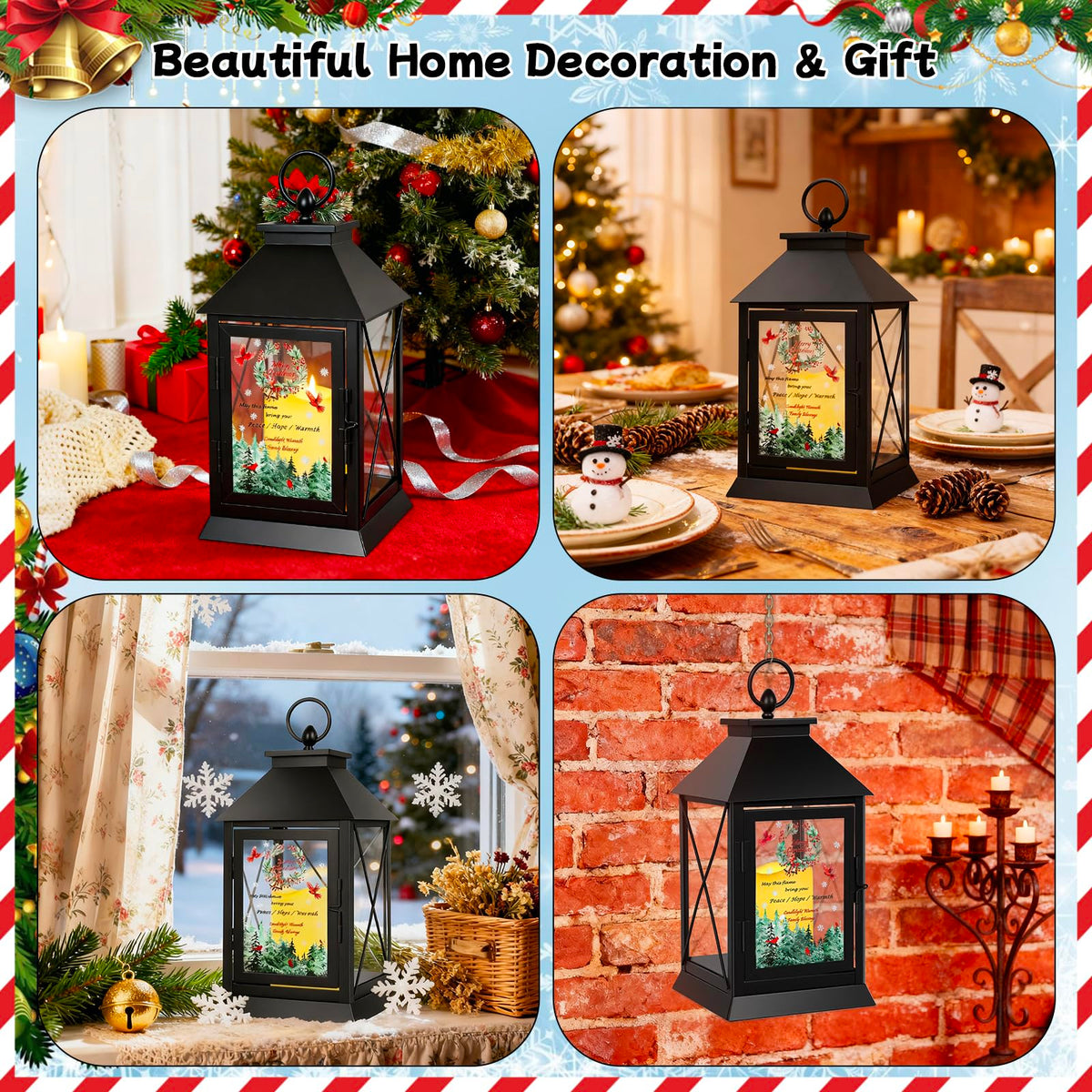 Christmas Candle Lantern Metal with LED Flickering Flameless Candles Light Xmas Decoration Lantern Indoor Outdoor Decorative for Table Home Decor Party Gift (Christmas)