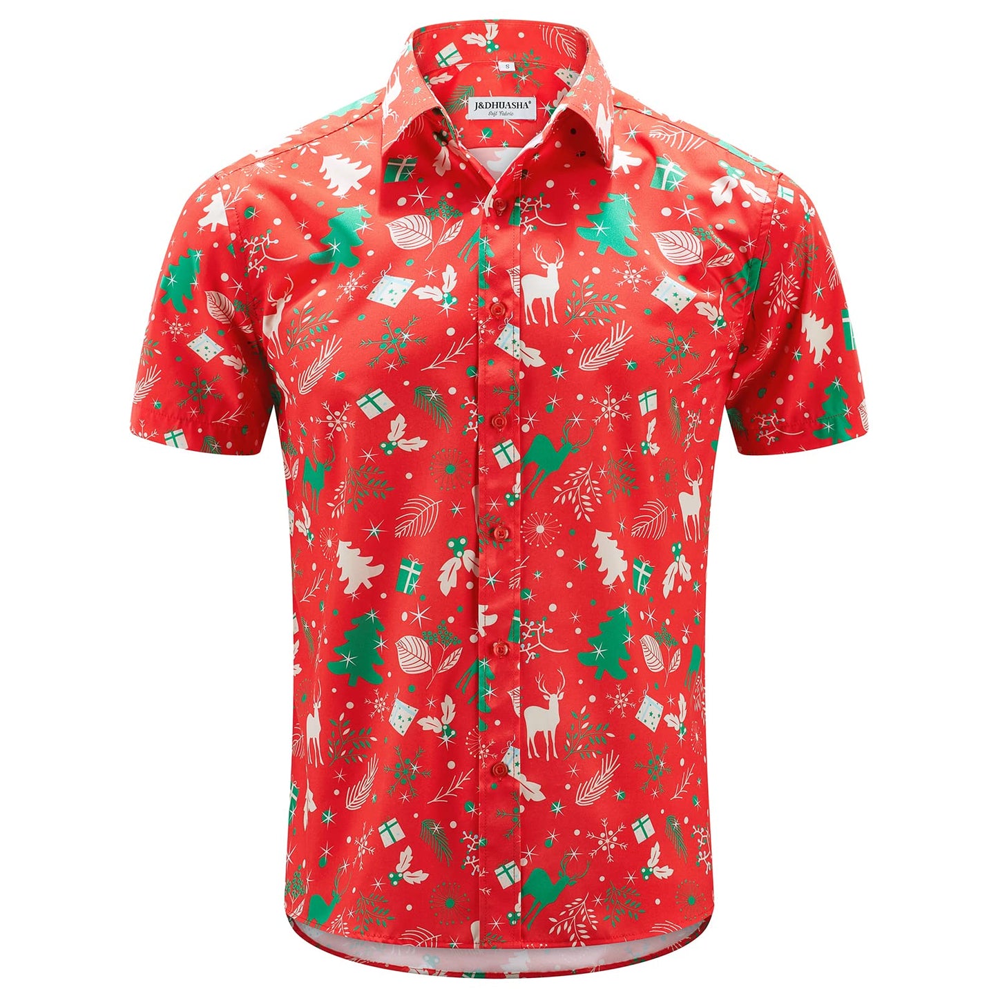 J&DHUASHA Christmas Hawaiian Shirt for Men Short Sleeve Button Down Santa Vacation Dress Shirts (Christmas Red, 3XL)