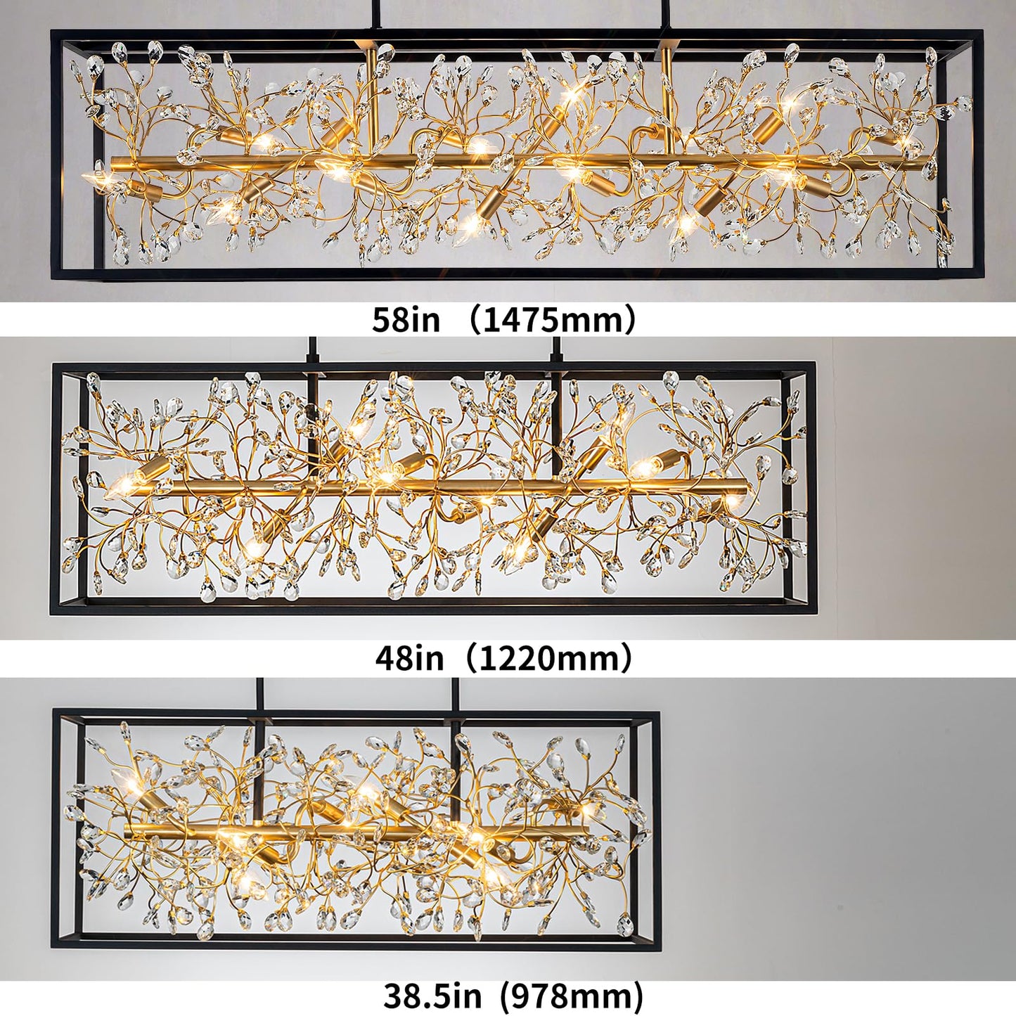 Vezzio Black and Gold Crystal Chandeliers for Dining Room, 8-Light Rectangle Modern Farmhouse Light Fixture, L38.5 in Adjustable Linear Chandelier Kitchen Island