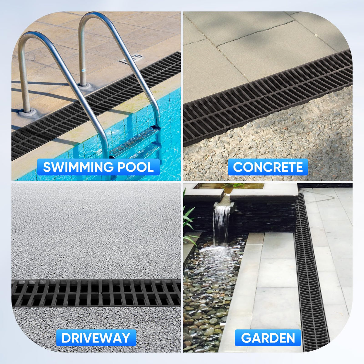 Trench Drain System, Channel Drain with Plastic Grate, 5.9x5.1-Inch HDPE Drainage Trench, Black Plastic Garage and GardenDrain, 6x39 Trench Drain Grate, with 6 End Caps,Convenient Assembly(6 Pack)