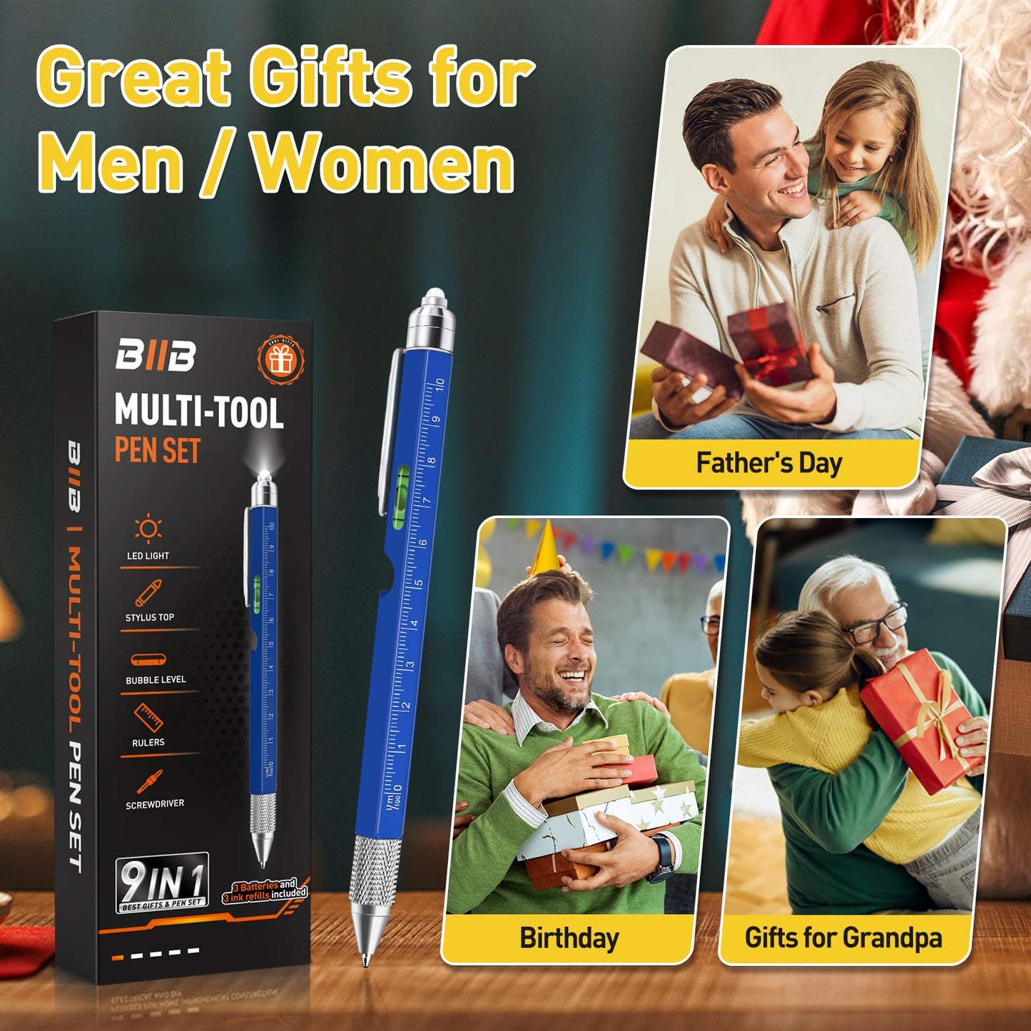 BIIB Fathers Day Gift from Daughter, 9 in 1 Multitool Pen Gifts for Men, Mens Gifts for Fathers Day, Personalized Fathers Day Gift Ideas, Anniversary Birthday Graduation Gifts for Men Him