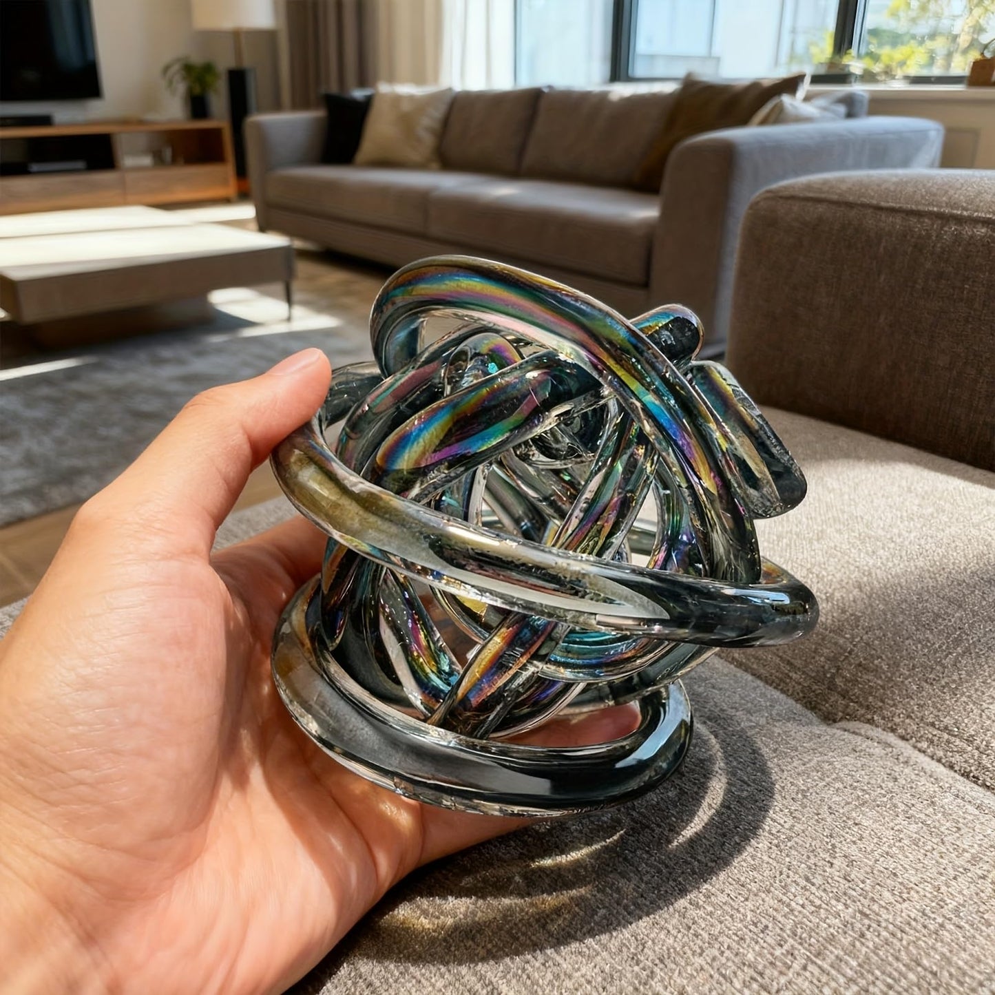 ORRFIDDY Glass Knot Teal Decor Ball - 5 Inch Hand Blown Infinity Sculpture Orbit Home Decor Table Decoration Interio Art